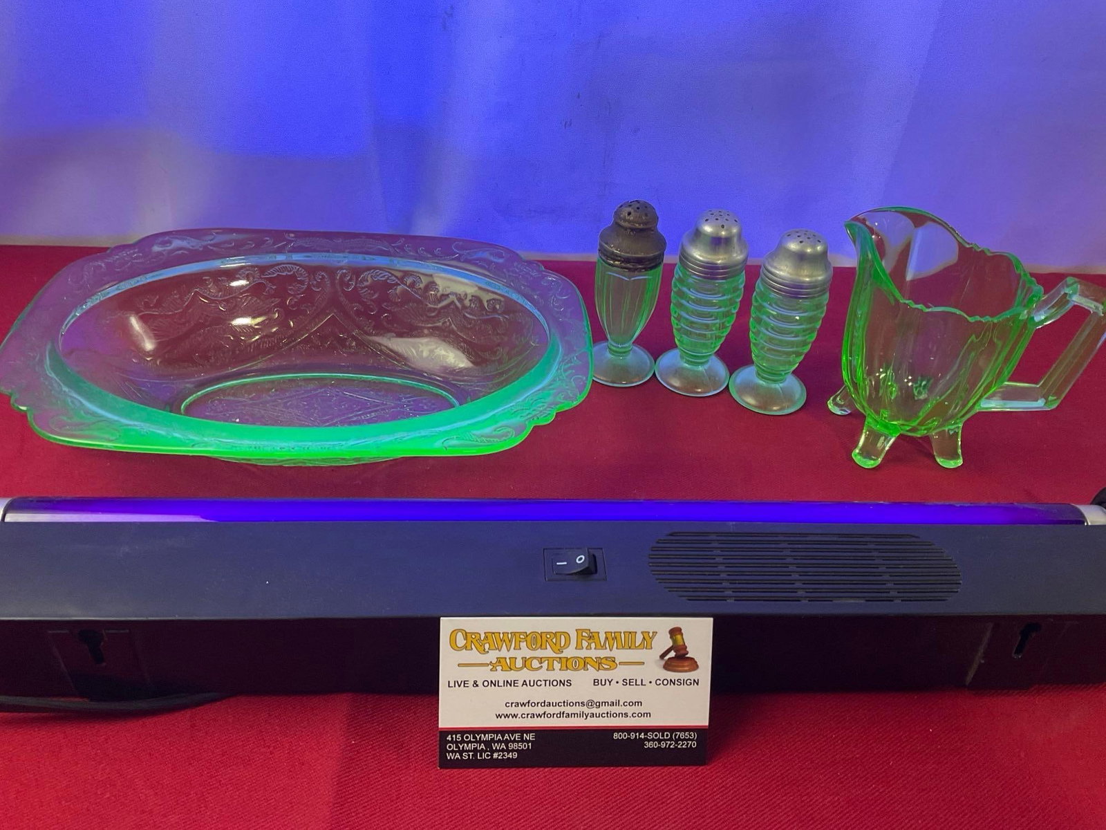 Uranium Glass Princess Oval Bowl, Indiana Glass Creamer w/ three Hazel Atlas Shakers: Appears to be in good shape. The bowl measures approx 9 x 6 inches. See pics. E-414