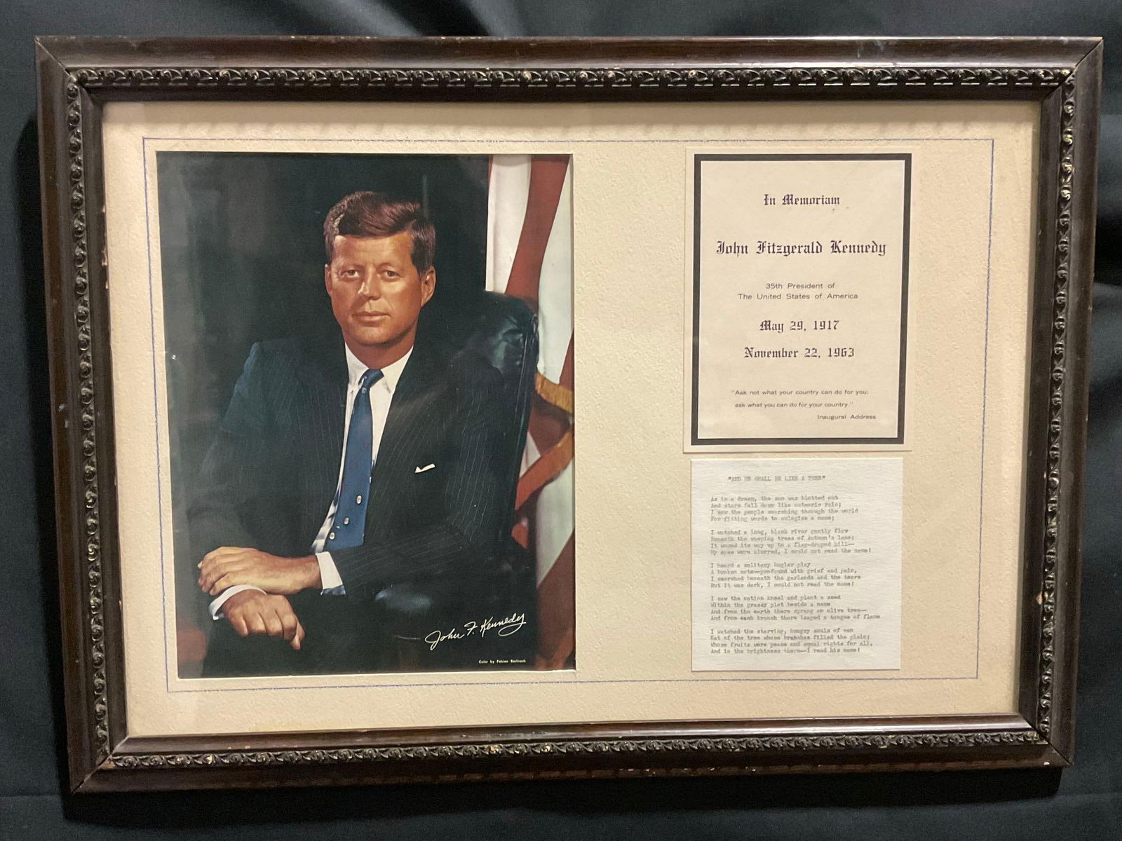 Framed In Memoriam for President John F Kennedy, w/ Large Photograph Print, Poem & In Memoriam Card (1 of 5)
