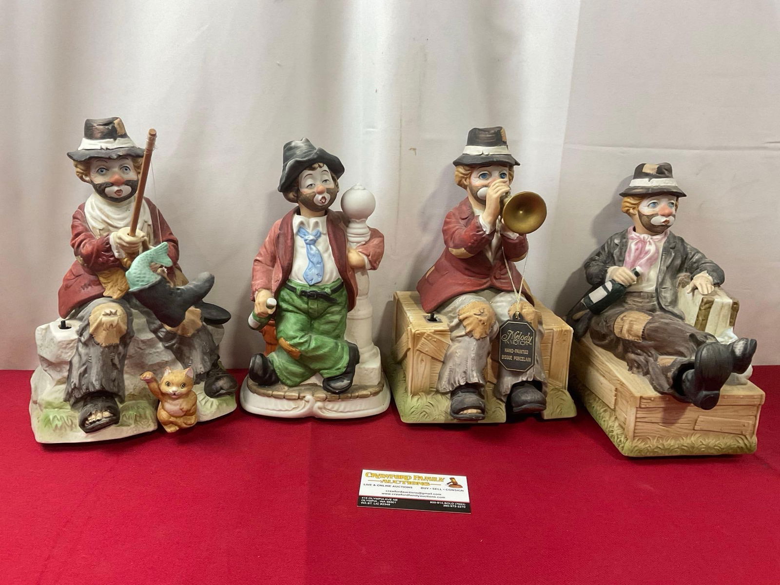 4 Melody In Motion Seiji Nakane Bisque Porcelain Clowns, untested, 11 inches tall: Appears to be in good shape, untested, needs batteries. The piece measures approx 11 inches tall. See pics. E-3770