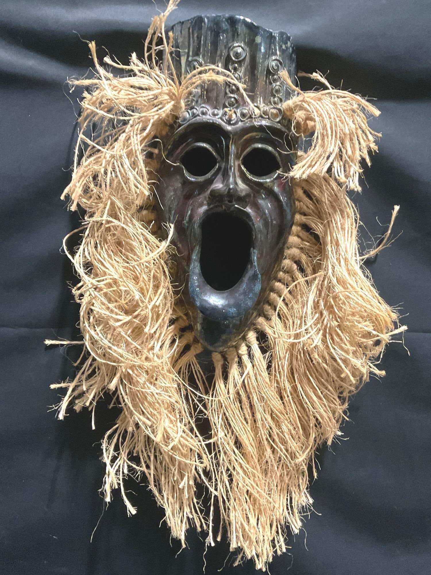 Raku Fired Ceramic Tribal Mask piece, signed by artist, Glazed Ceramic & Jute, 28h x 17w in (1 of 7)