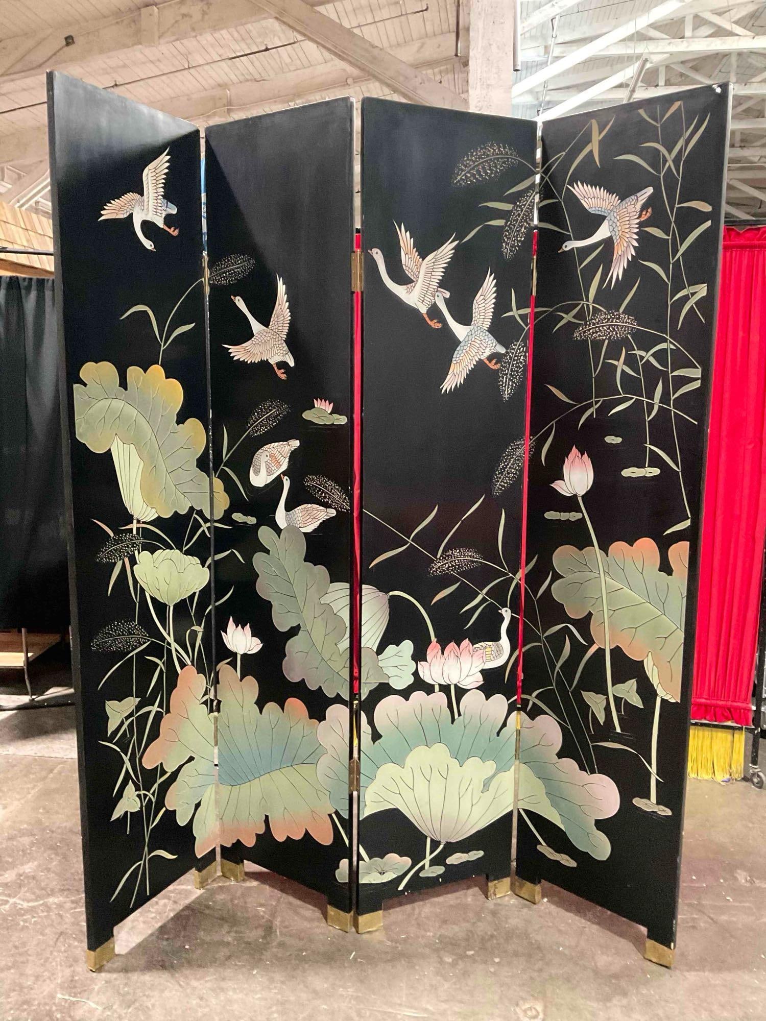 Vintage Sweet Asian Style 4-Panel Black Room Divider w/ Painted Birds & Flowers. See pics. (1 of 7)
