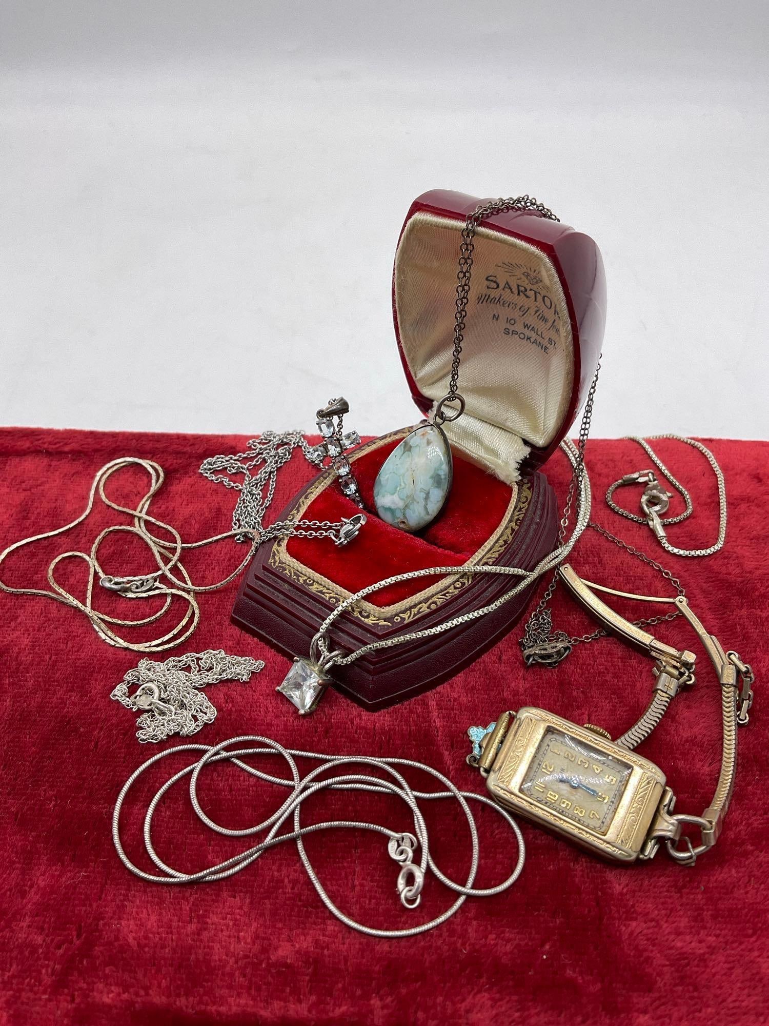 Six sterling silver necklaces 3 w/ pendants . plus a gold plated antique lady Elgin watch (1 of 6)