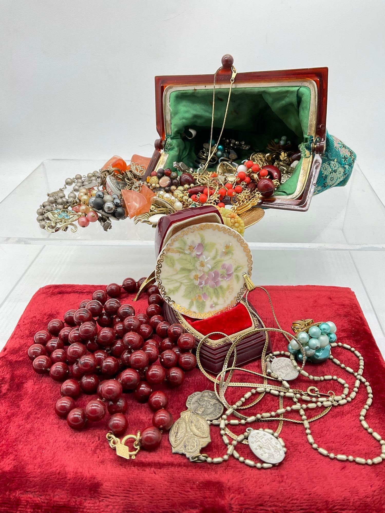 vintage jewelry w/ 1940's small purse featuring bake lite clasp , earrings, necklaces , earrings (1 of 5)