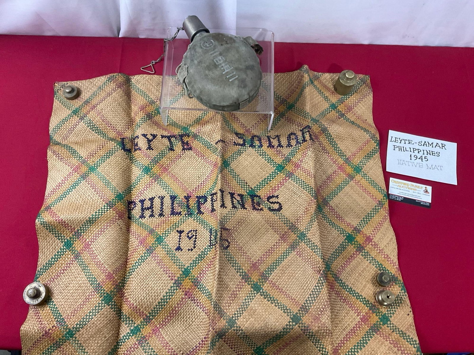 WWII Era Leyte-Samar Philippine Mat, & Imperial Japanese Army Canteen: Leyte & Samar are Philippine Islands. Appears to show some signs of wear from over the years. The canteen piece measures approx 9.5L x 6W inches. See pics. E-3770