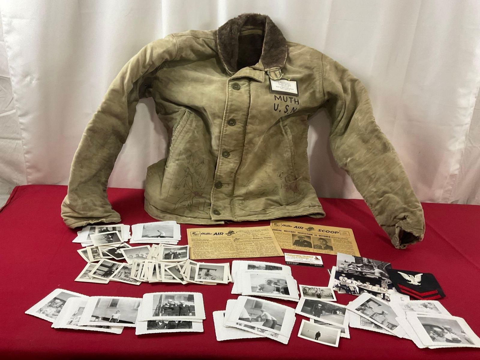 World War II Mens US Navy Flight Deck Jacket w/ drawn images on it & collection of pictures (1 of 9)