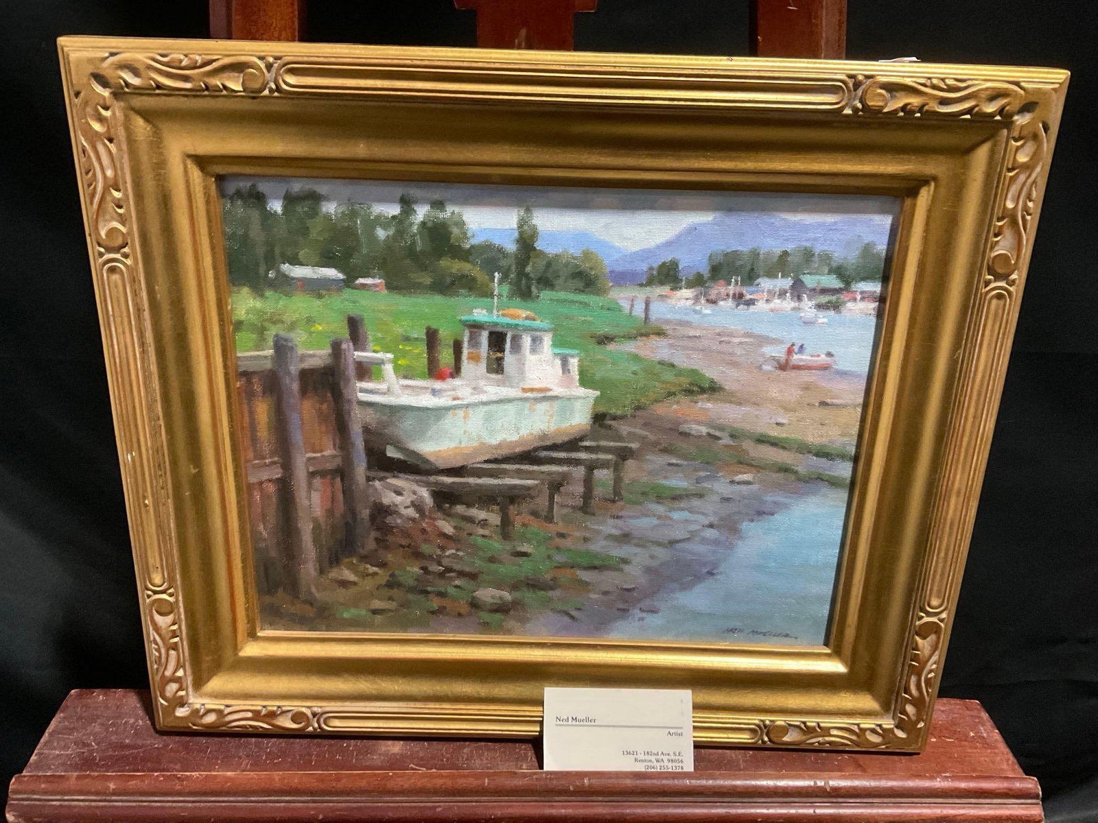 Framed Pastels on Board, High + Dry by Ned Mueller NW Impressionist, 16h x 18.5w inches: Appears to be in good shape. The outside dimensions measure approx 16h x 18.5w inches. See pics. E-3770