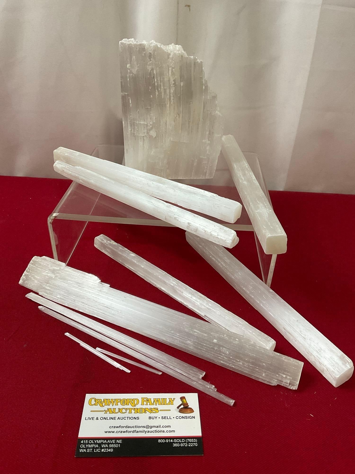 Collection of Selenite Crystals, 10 inch bars, 6 x 4 inch Chunk, and more: The chunk is marked 34.95 from a previous sale. Appears to be in good shape. The longer pieces measure approx 10 inches long. See pics. E-414