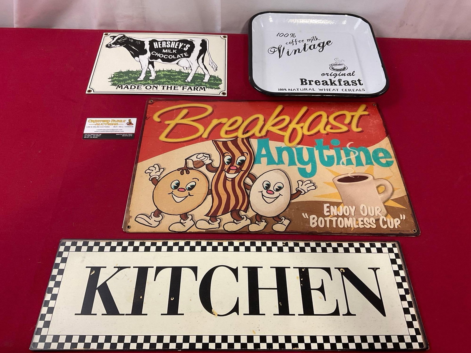 Three Metal Signs, Hersheys, Breakfast Anytime & Kitchen, and Enameled Aluminum Pan, Breakfast: Appears to be in good shape. The largest piece measures approx 11.5h x 17.5w inches. See pics. E-414