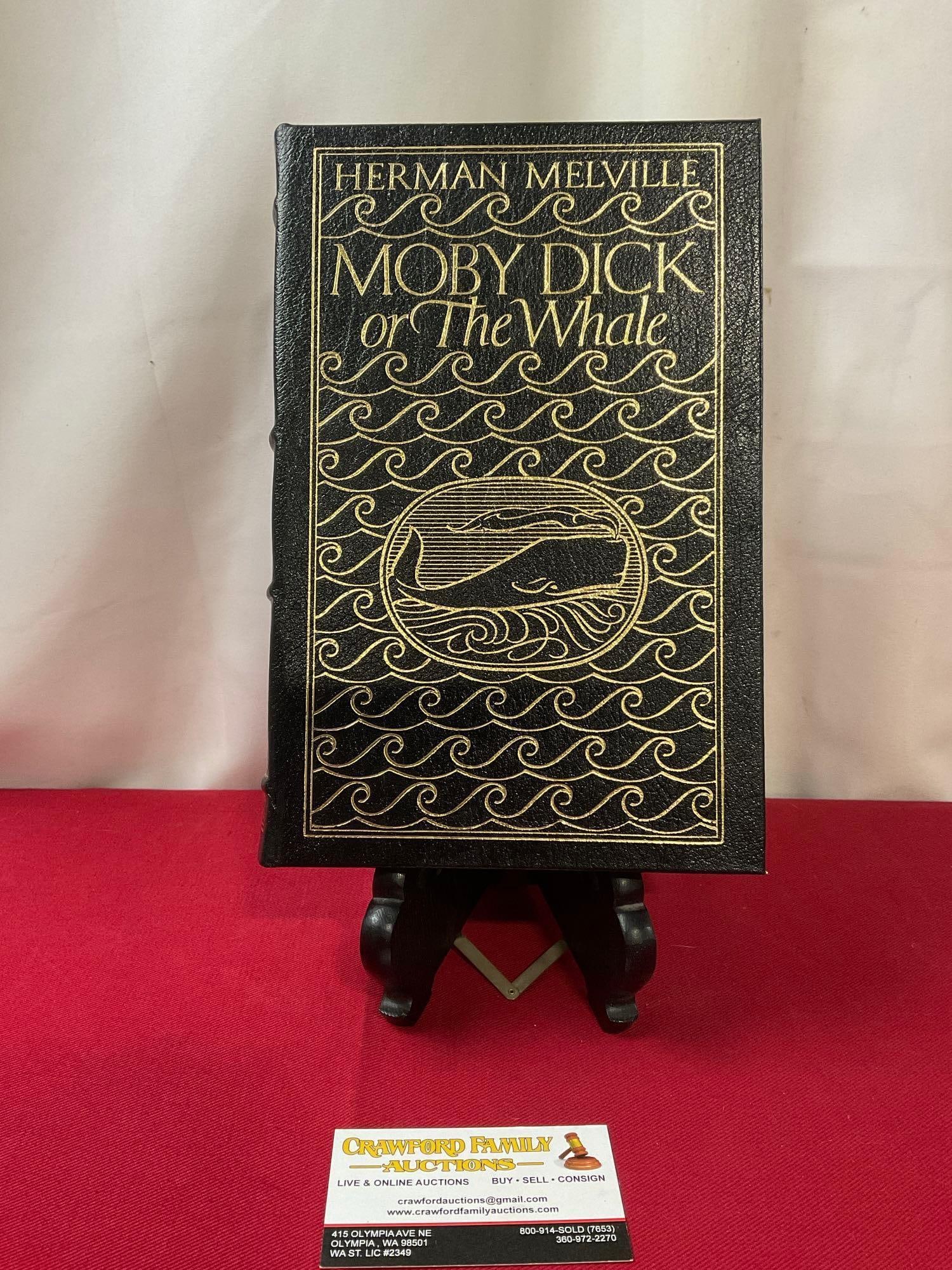 Herman Melvilles Moby Dick or the Whale, Easton Press series The 100 Greatest Books Ever Written: A part of the Easton Press series of The 100 Greatest Books Ever Written. Appears to be in great shape, the inlay is gold leaf on the covers. The piece measures approx 10.5h x 7w inches. See pics. E-3