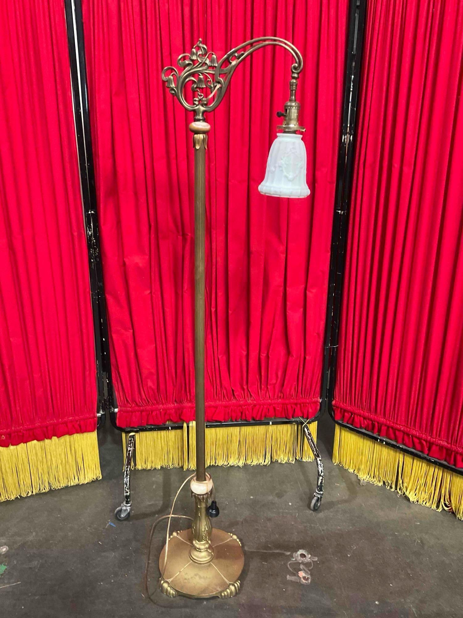 Vintage Art Nouveau Style Brass Bridge Floor Lamp w/ Stone Accents & Milk Glass Shade. See pics. (1 of 7)