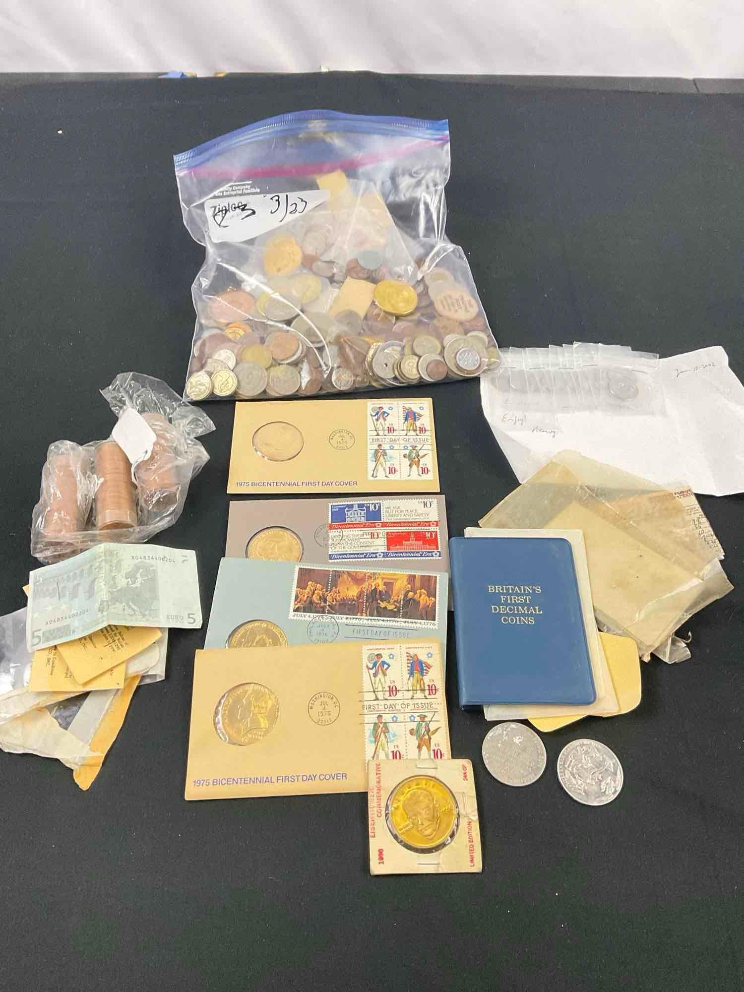 Huge selection of foreign coins , tokens, US commemorative coins , some stamps plus see pics (1 of 6)