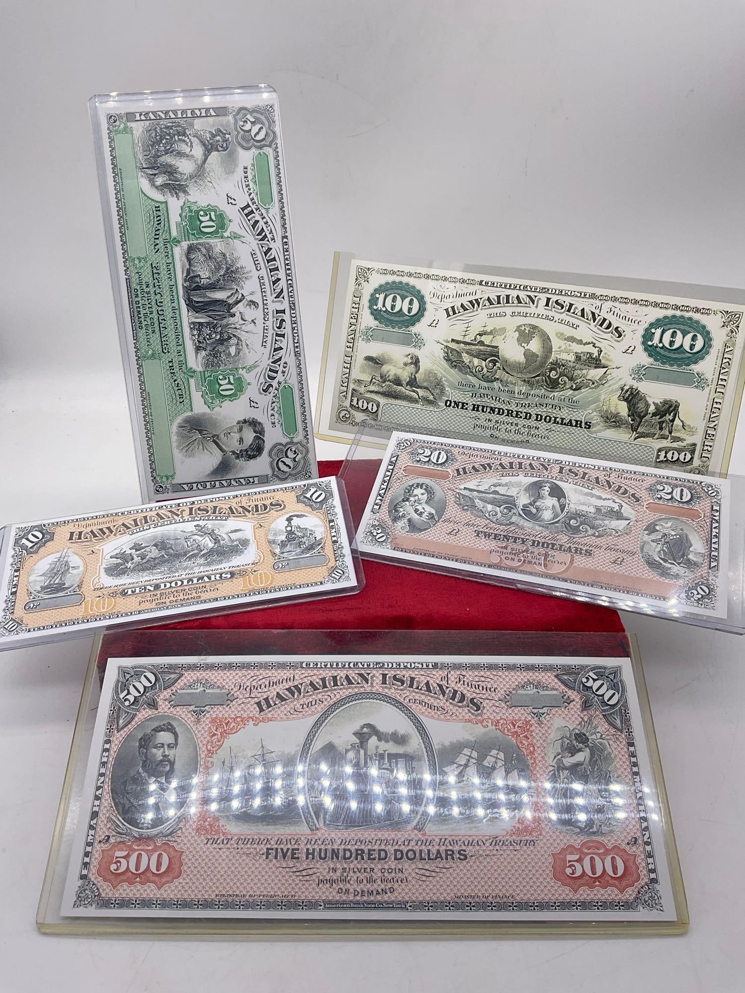 Hard to find 1879 Set of Replica Hawaiian 500, 100, 50, 20, & 10 dollars bills , gorgeous art work (1 of 5)