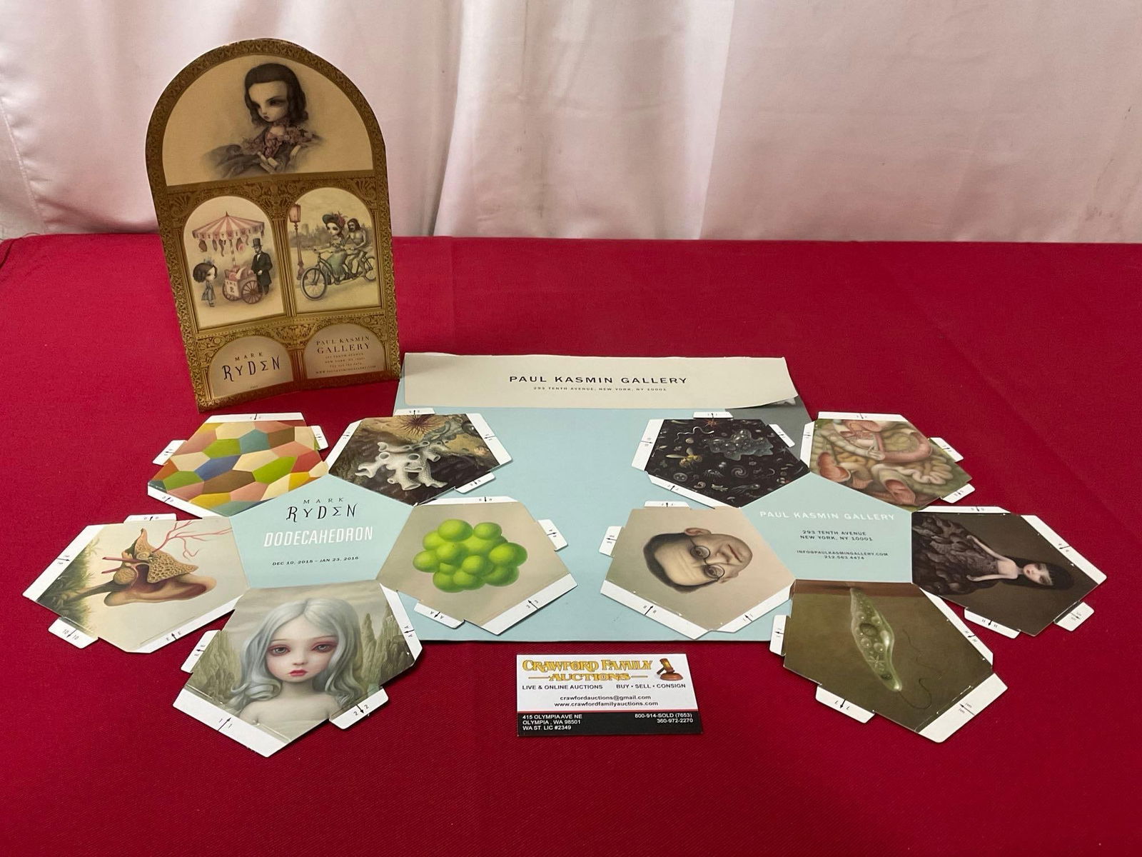 Dodecahedron & The Gay 90s Art Invitations for Paul Kasmin Gallery w/ Art from Mark Ryden: All from a single collection in lots 106-120 & 141-148. Appears to be in good shape. The unassembled dodecahedron pieces measure approx 11 inches in diameter. See pics. E-3800