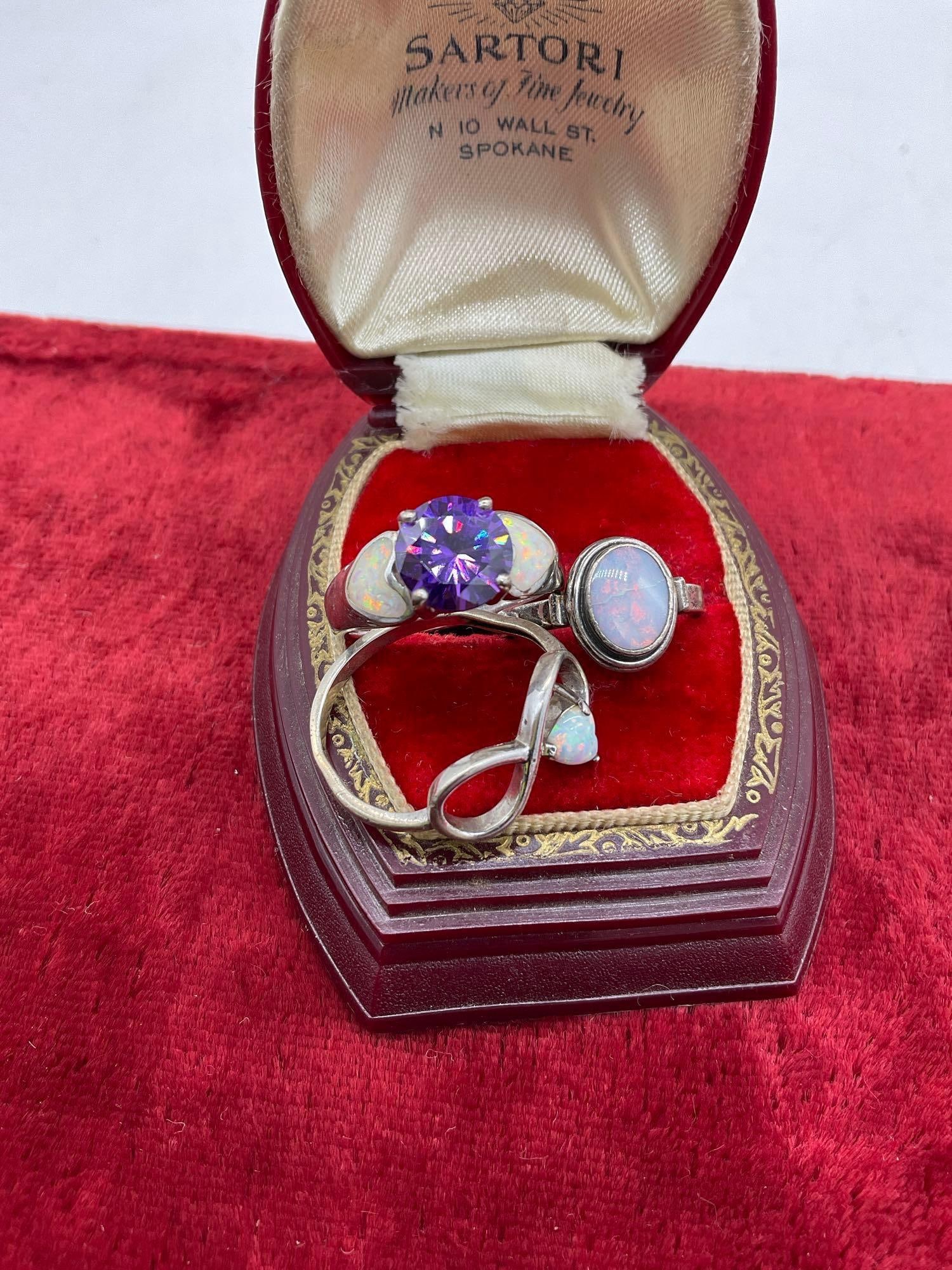 Three Fine Sterling Silver Rings Set with Opal Stones - sizes 7.5, 6, & 9. - See pics (1 of 3)