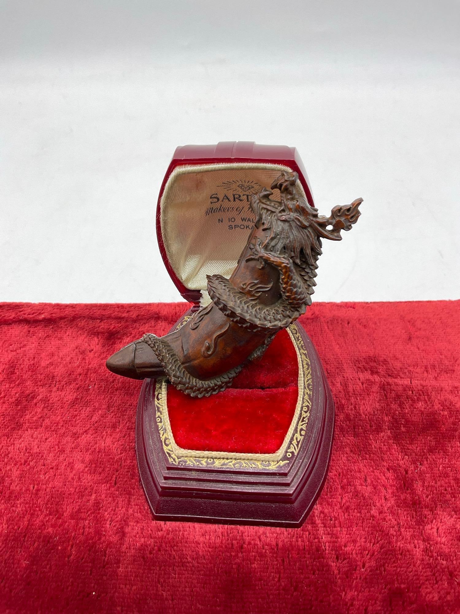 Very Detailed Boxwood Carving of Dragon Climbing a Horn or Branch - See pics: Gorgeous piece. T-1554