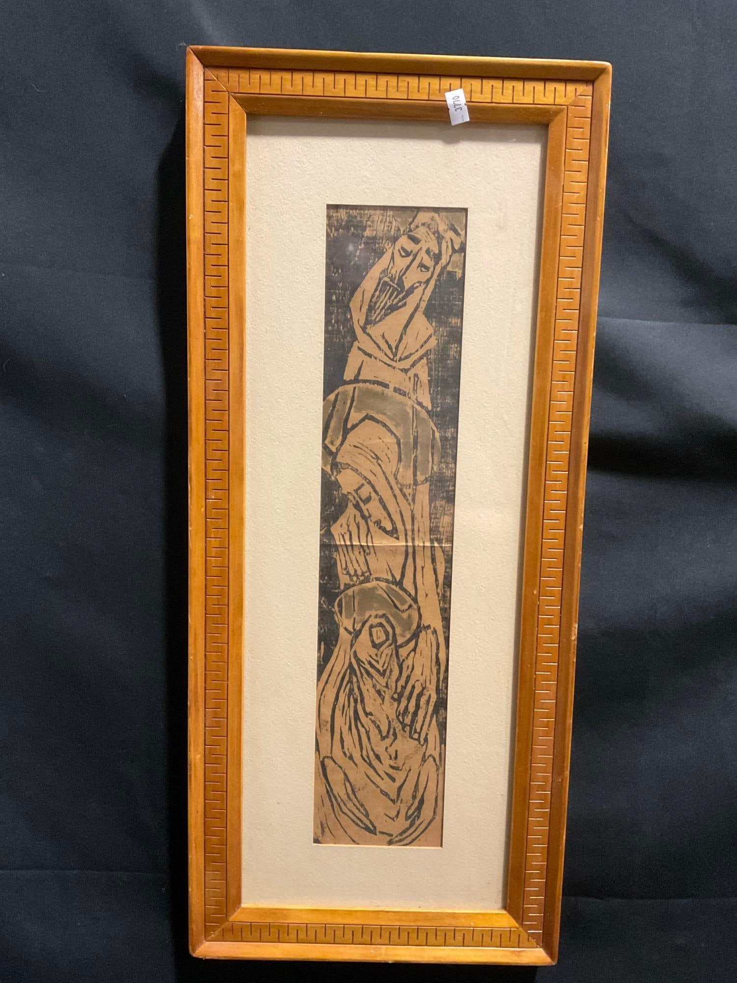 Framed Vintage 1950s Linocut Print, Jesus, Mary & Joseph, religious icon, 26h x 11w inches (1 of 5)
