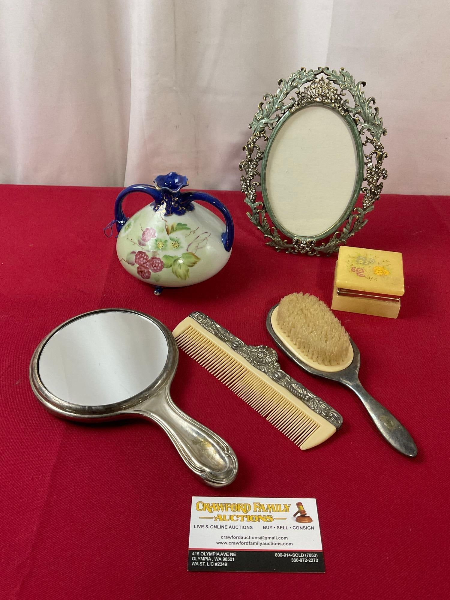 3 Piece Silver (plated) Repousse Vanity Set, Jewelry Box, Oval Frame, Vintage Handled Japanese Jug (1 of 4)