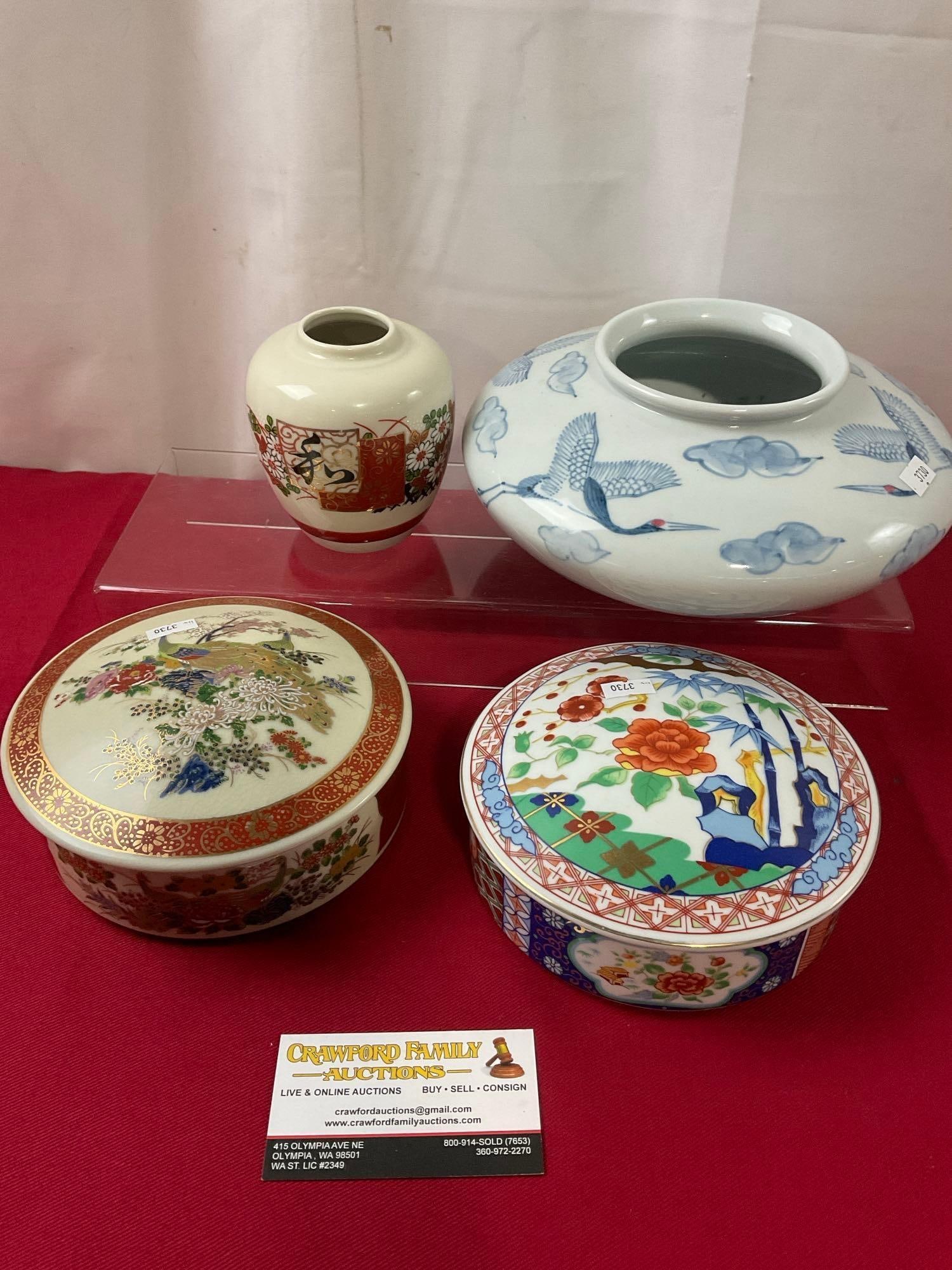 Pair of Sakura & Satsuma Lidded Containers, Small Vase & Porcelain Vase, w/ Clouds and Heron Design (1 of 6)