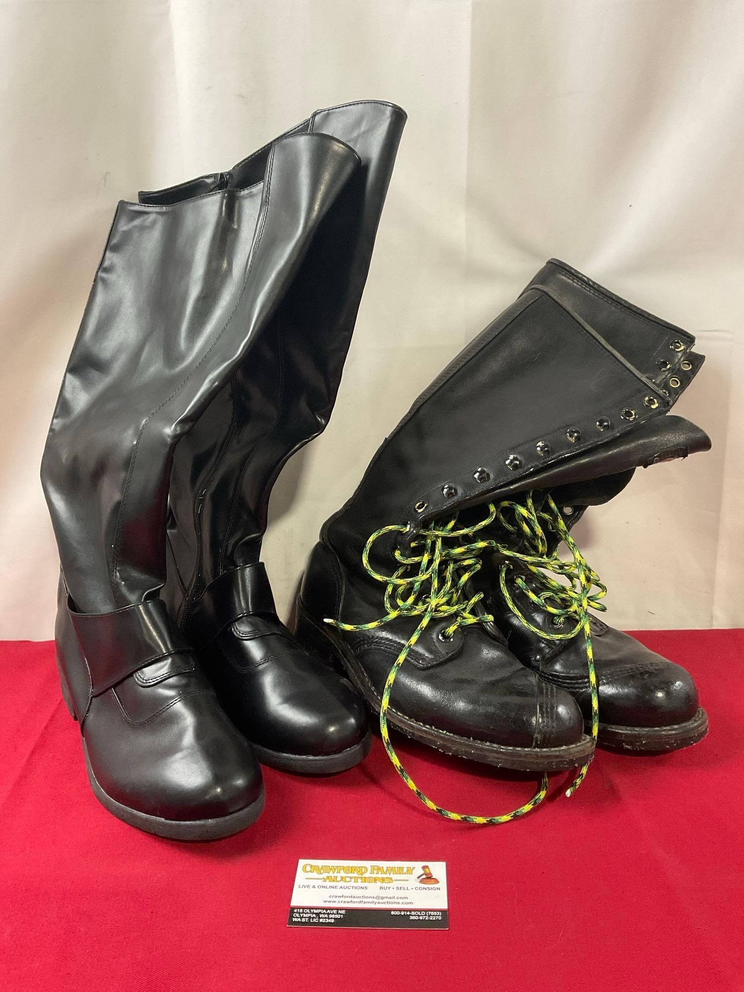 2 Pairs of Black Leather Boots, Gotham Boots & Linesman Boots, Size 10-11: Appears to be in good shape. The shoes all are roughly the same size. See pics. E-3830