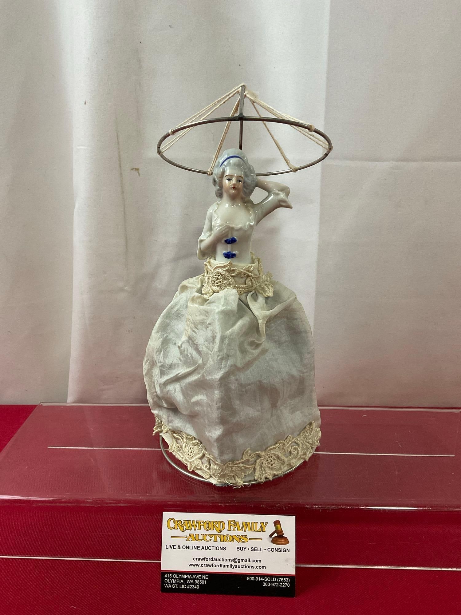 Vintage Christmas Tree Topper, Porcelain Woman w/ Parasol & Lace Dress, 10.5 inches tall (1 of 4)