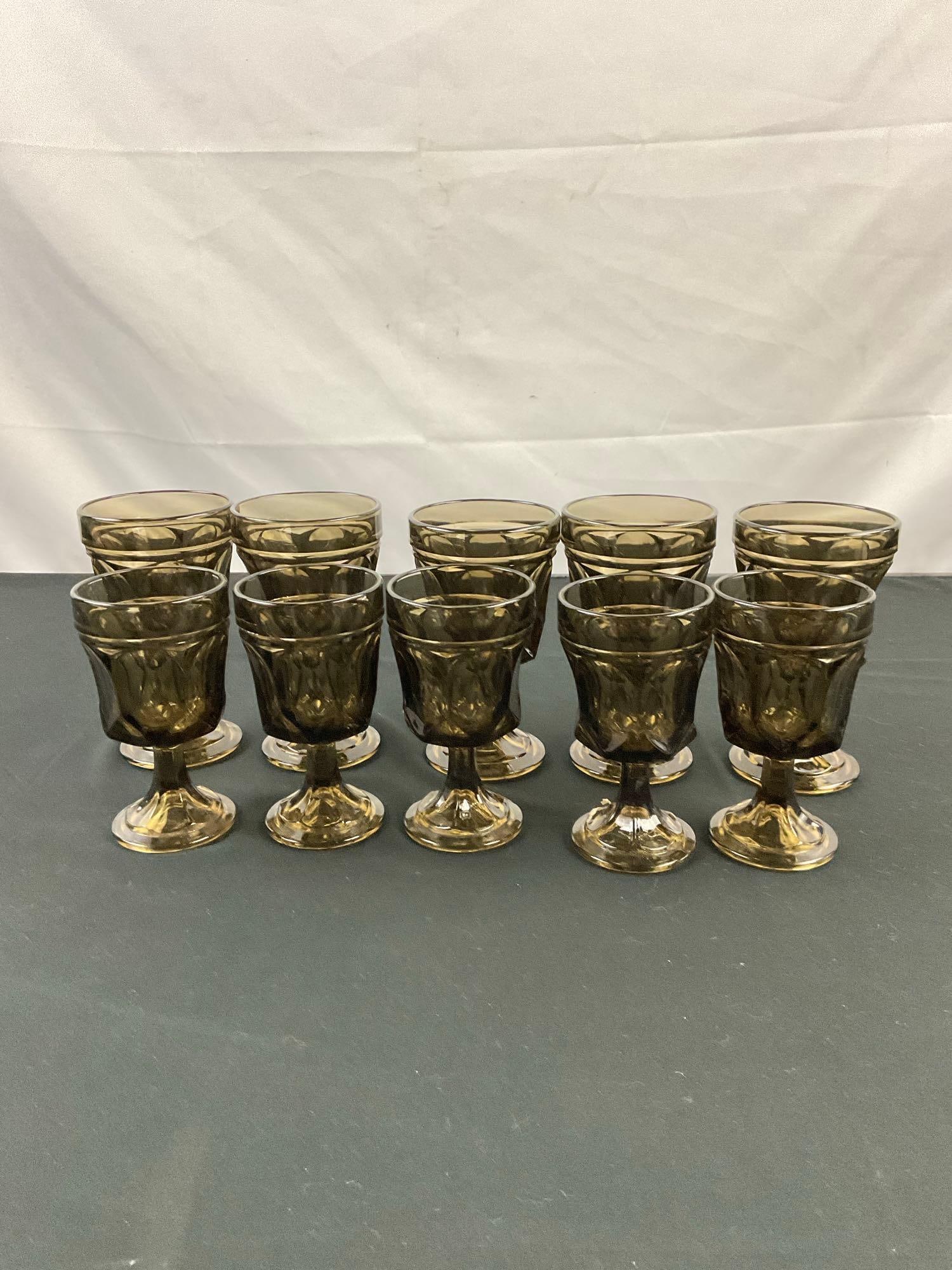 Vintage Black / Gray Tinted Coin Glass Set of 5 Lg glasses & 5x Small - See pics: attractive glass set. In good shape. T-3640