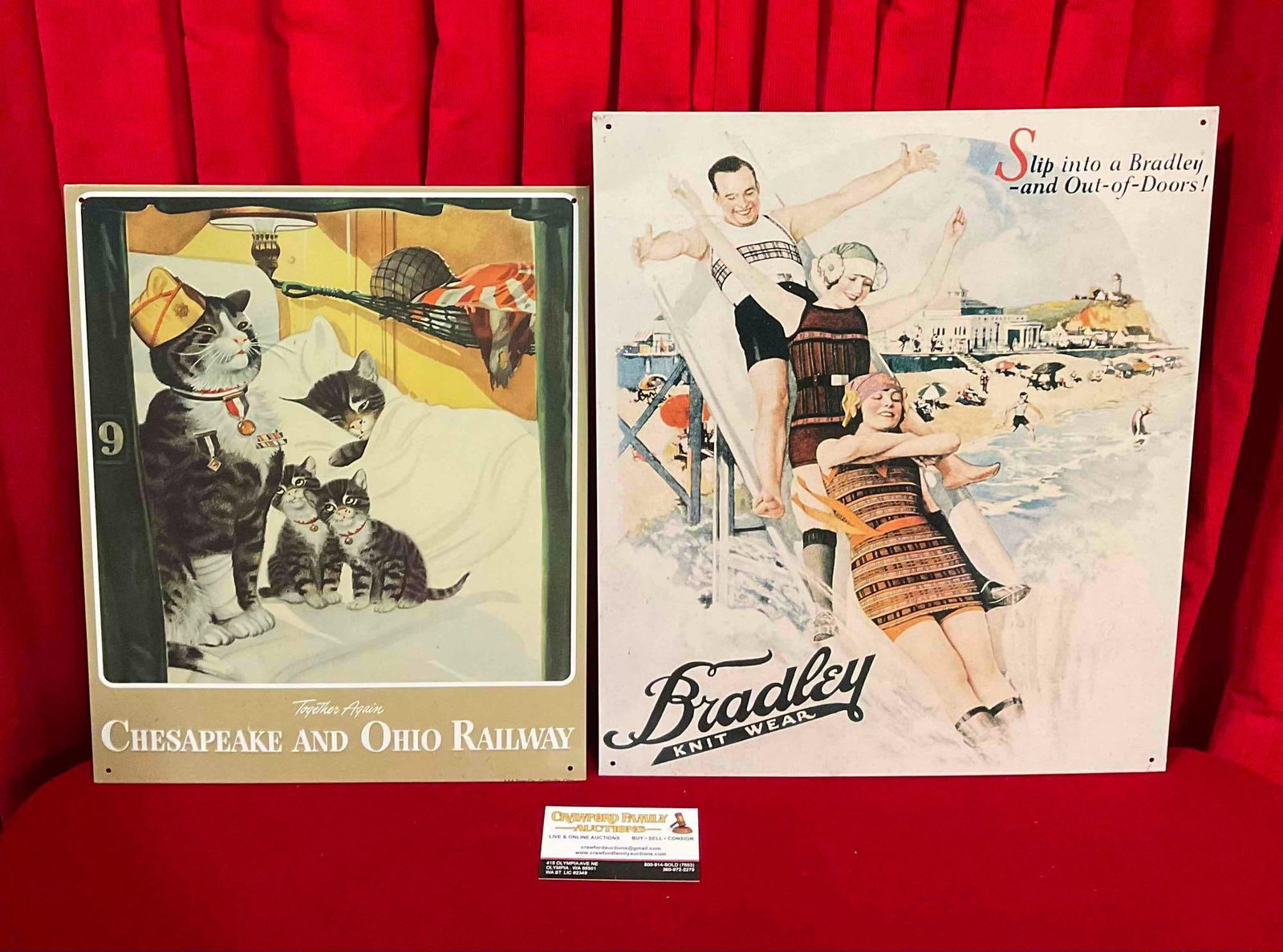 2 pcs Vintage Metal Signs w/ Antique Ad Reproductions. Bradley Knitwear & More! See pics.: 2 pcs Vintage Metal Signs w/ Antique Ad Reproductions. Bradley Knitwear & More! Minor wear, condition is otherwise very good. Larger measures 13" x 16" DM-3350