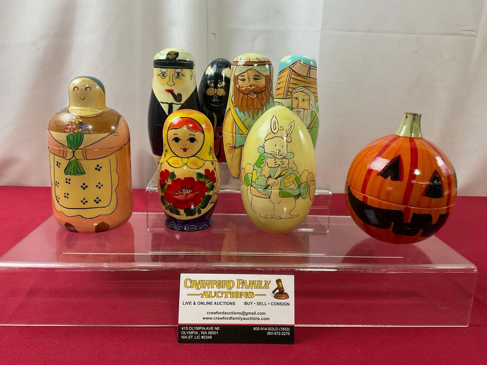 Collection of 8 Nesting Dolls, Wooden Matryoshka, 8 Sets, Pumpkin, Moses, Bunny, & more: Appears to be in good shape. The piece measures approx 6 inches or so. See pics. E-3720