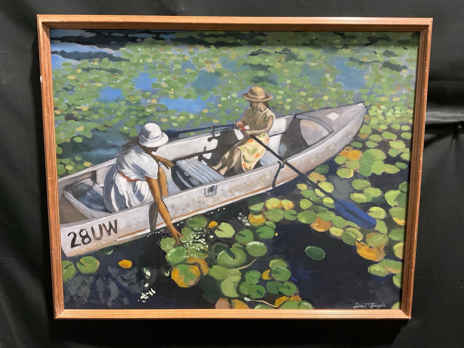 Framed Oil on Canvas Boat on Pond by David T. Spangler, 25.5h x 31.5w inches: Appears to be in good shape. The outside dimensions measure approx 25.5h x 31.5w inches. See pics. E-3770