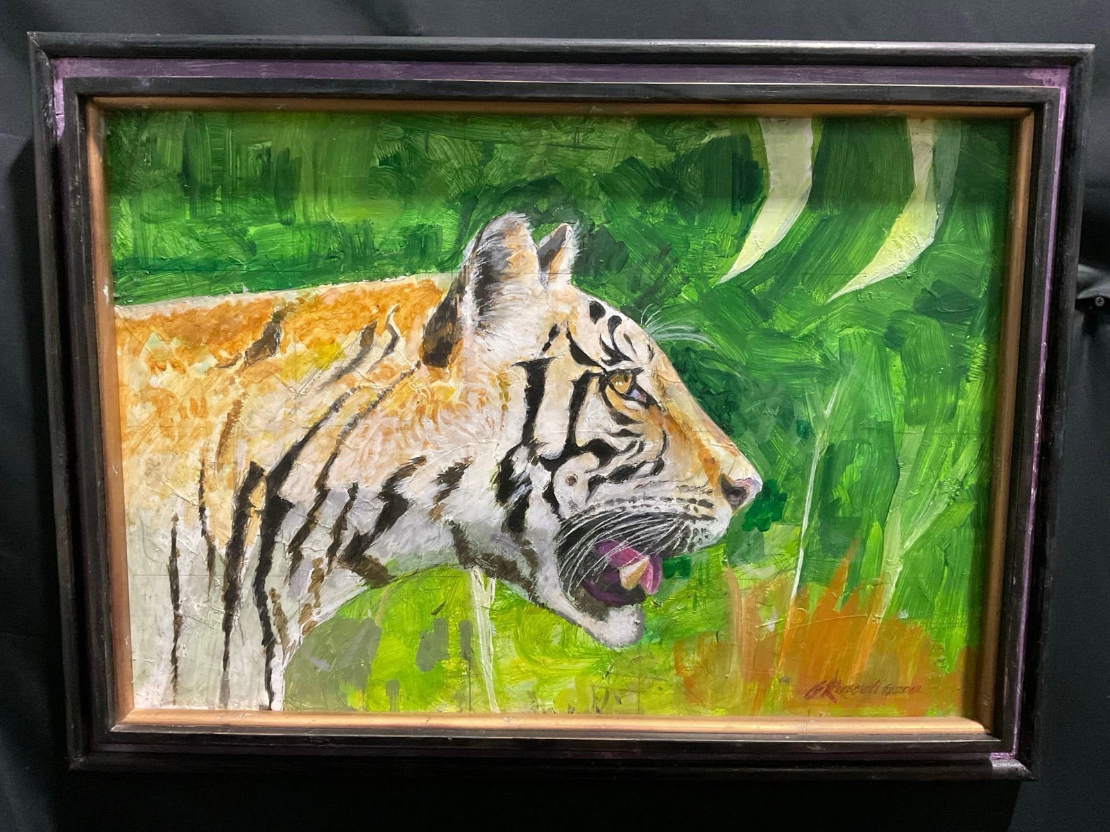 Framed Signed Acrylic on Masonite titled Save the Tiger by Grandeson Russell, 25h x 34w inches: Previously listed for 1300 dollars. Appears to be in good shape. The outside dimensions measure approx 25h x 34w inches. See pics. E-3770