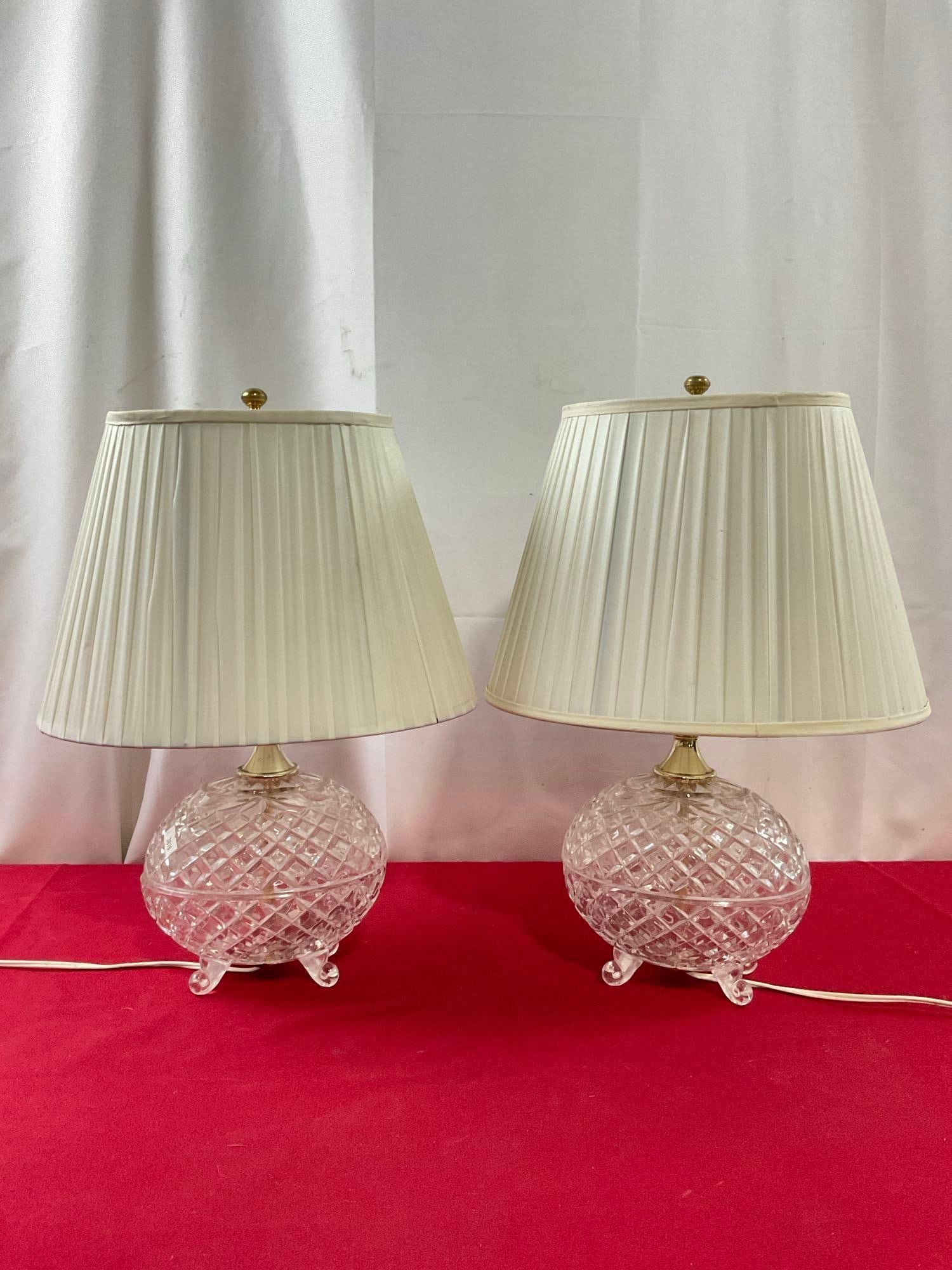Pair of Cut Crystal Glass Lamps w/ White shades & Brass Accents - See pics (1 of 6)