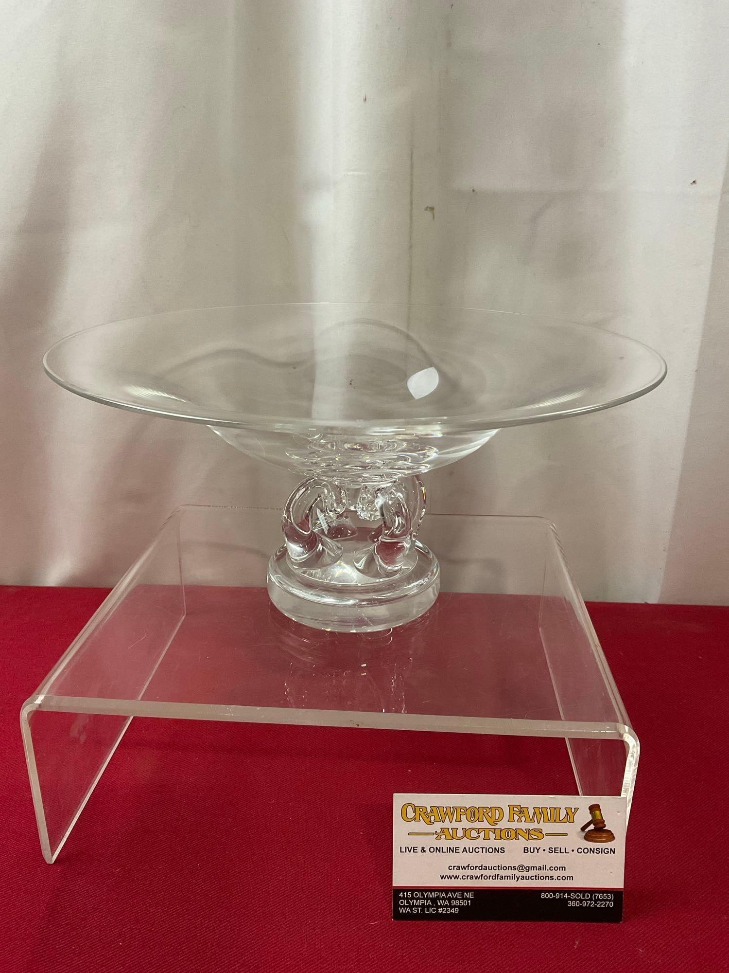Vintage Signed Steuben Art Glass Footed Pedestal Bowl, 5h x 10d inches: Appears to be in good shape, has some scratching along the bottom. The piece is signed on the bottom, Steuben. It measures approx 5h x 10d inches. See pics. E-3830