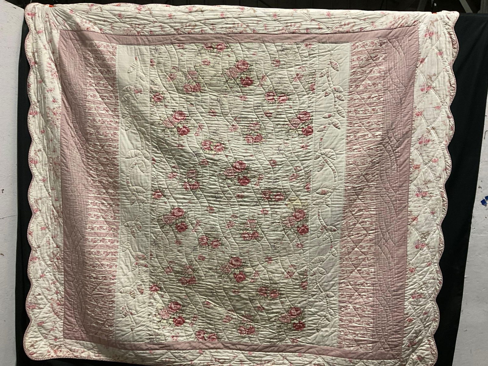 Large Vintage Quilt, Rose pattern, w/ White, Pink and pale Pink background, 87 x 98 inches, (1 of 5)