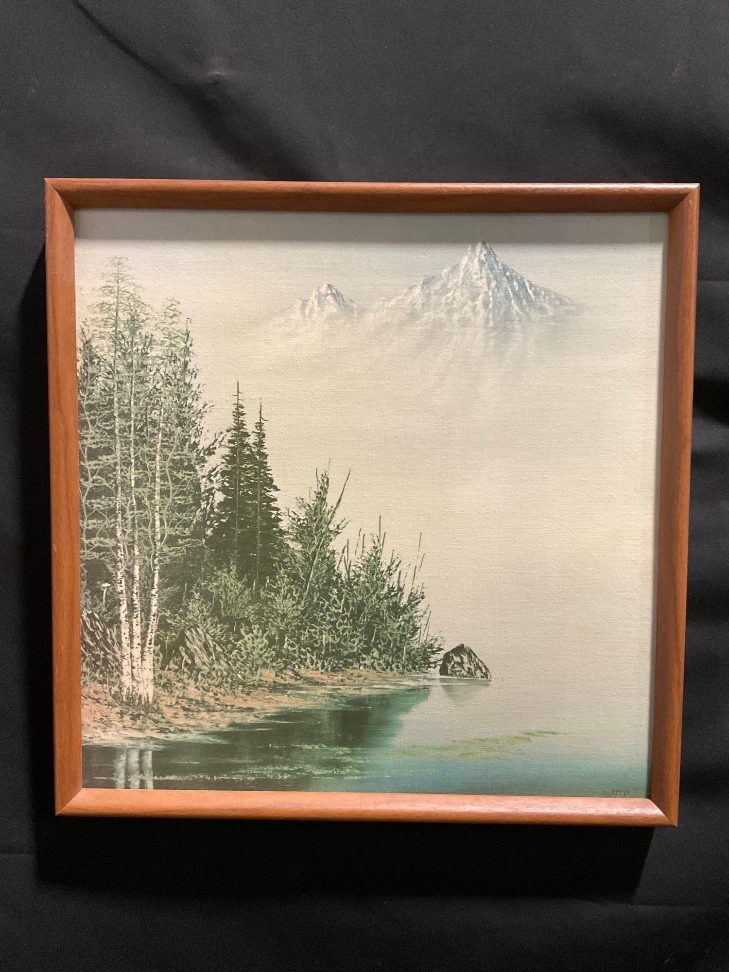 Framed Oil on Canvas, Trees on Misty Coastline, 12 inches square: Appears to be in good shape. The outside dimension measures approx 12 inches square. See pics. E-3770