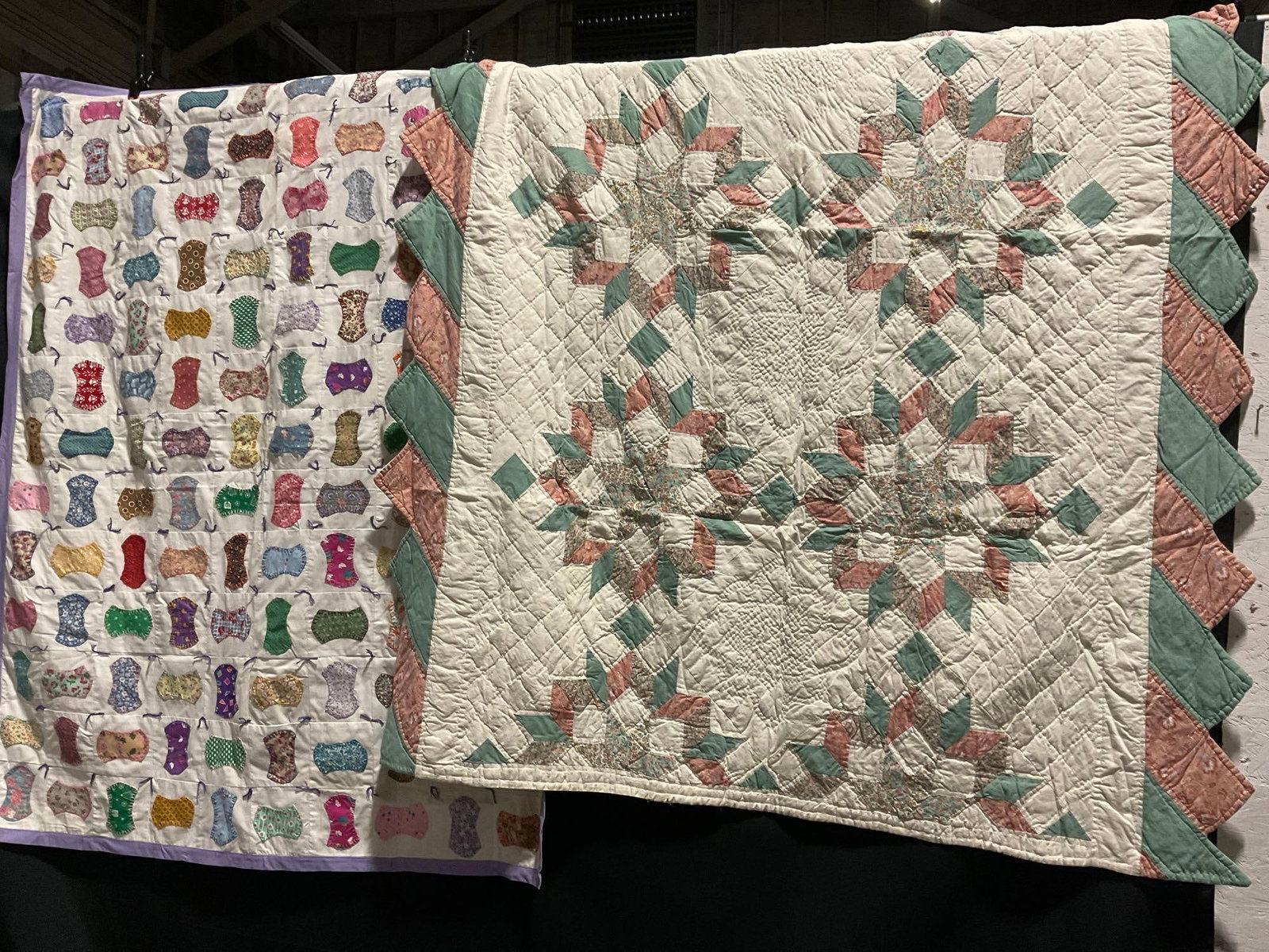 Pair of Handmade Quilts, Purple Lined measures 62 x 49 & Pink measures 60 x 78: Consignor says the pieces are handmade, some made locally and some purchased. Appears to be in good shape. The outside dimensions for the Purple measures lined 62 x 49 & and the Pink measures 60 x
