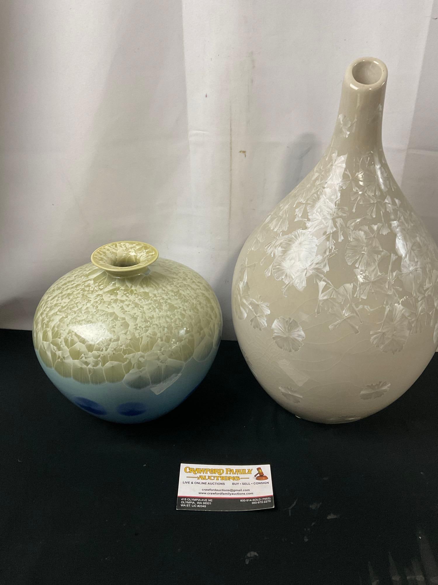 Pair of Crystalline Glazed Bud Vases, Celadon Green Chinese piece, and taller white vase (1 of 5)