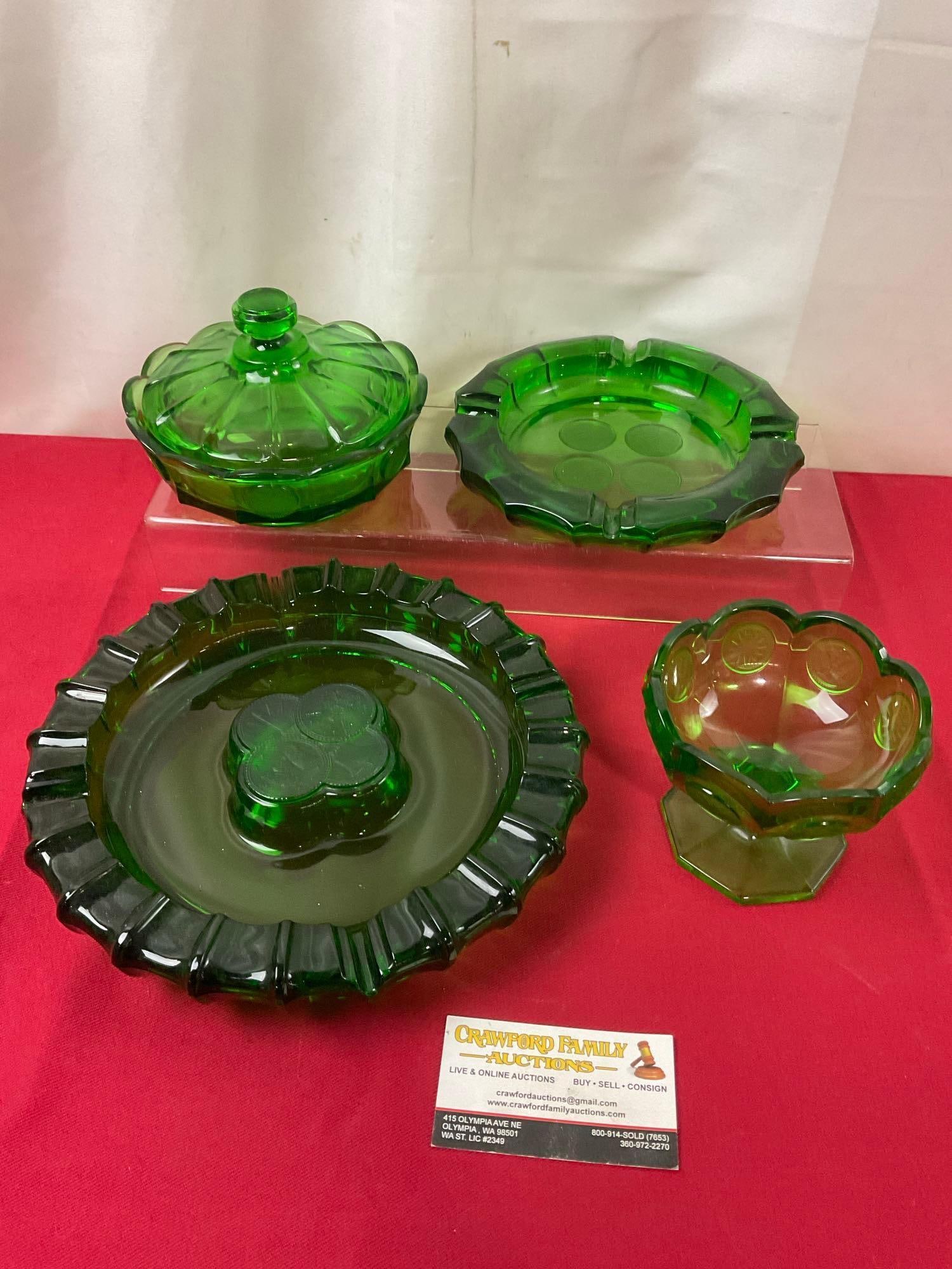 Westmoreland Glass, Green Coin Glass, Lidded Bowl, pair of Large Ashtrays, and Dessert Cup (1 of 6)