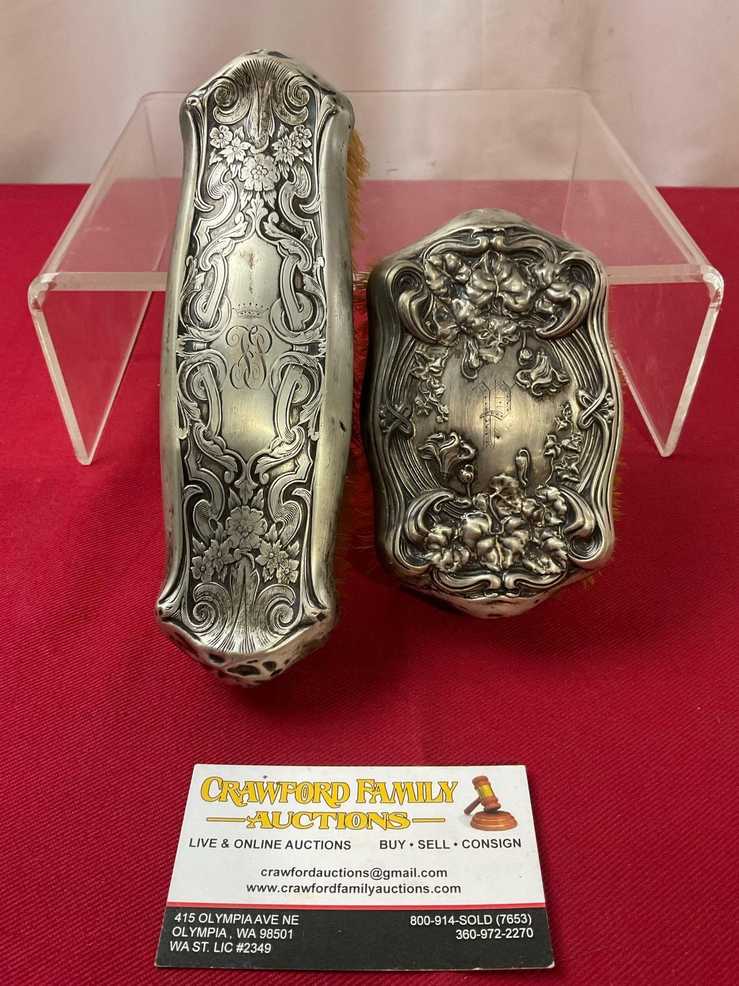 Antique Brush Set, w/ Sterling Silver Covers, Repousse Ornately Engraved 5 & 7.25 inches: The pair are marked Sterling, which is the cover material, there is a resin or plastic inside, and the brush as well. Appears to be in good shape. The longer piece measures approx 7.25 inches long. Se