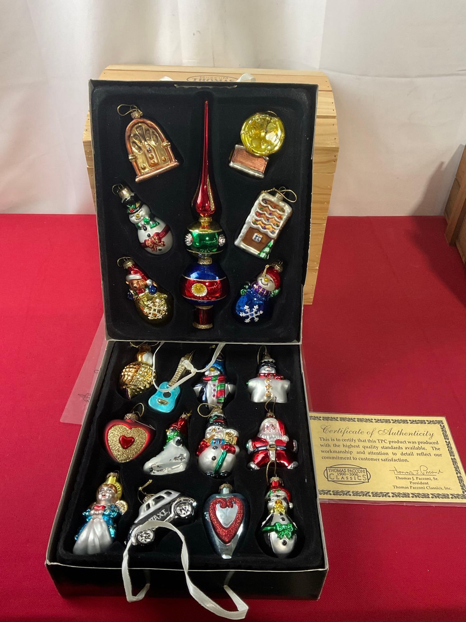 Vintage 2001 Thomas Pacconi Classic Christmas Ornaments in Wooden Box, 19 total pieces, w/ COA (1 of 5)