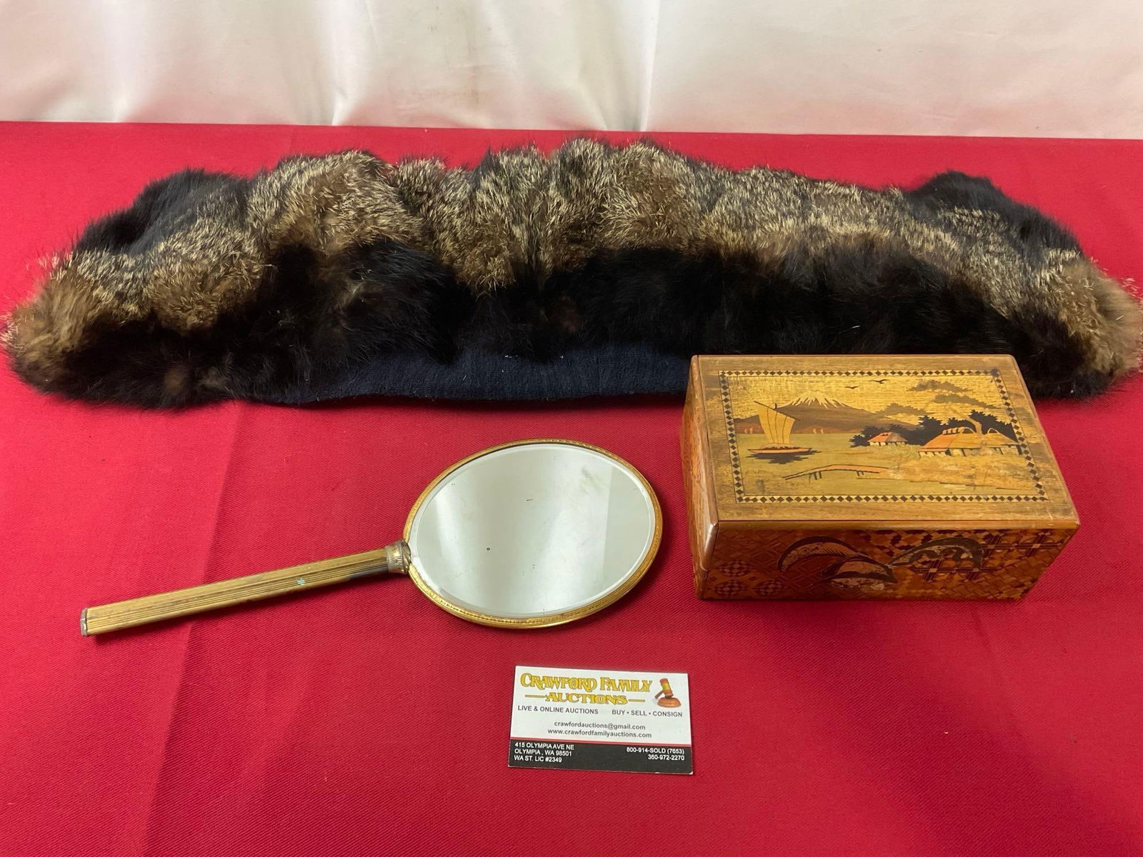 Pair of Japanese Puzzle Boxes, some Japanese Currency inside, Brass Hand Mirror & Fur Stole (1 of 13)
