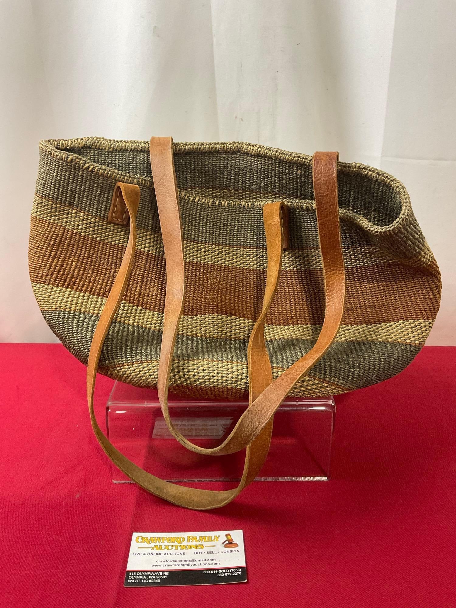 Gorgeous Native American Woven Basket, Sisal & Leather Straps, Blue, Tan & Red clay colors (1 of 4)