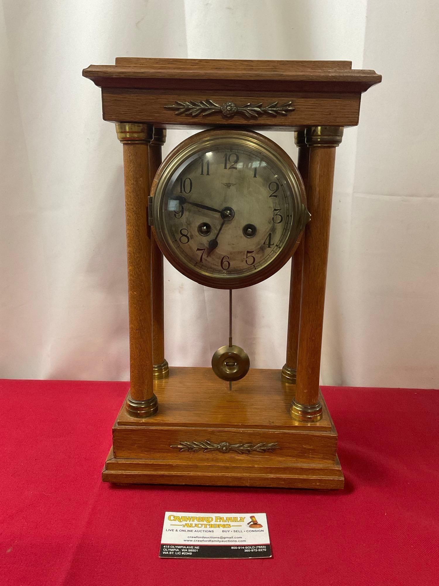 Antique 1900s Time Strike Column Mantel Clock, 8 day movement, 15h x 9w x 6d inches (1 of 10)