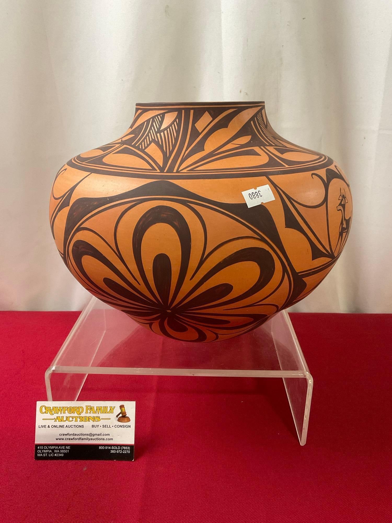 Vintage Native American Zuni New Mexico, Signed on bottom, Black on Clay, approx 9h x 10d inches: Signed on the bottom, what looks like A.A. Peynstsa Zuni N.M. Appears to be in good shape, clean lines, and good proportions. The piece measures approx 9h x 10d inches. See pics. E-3880