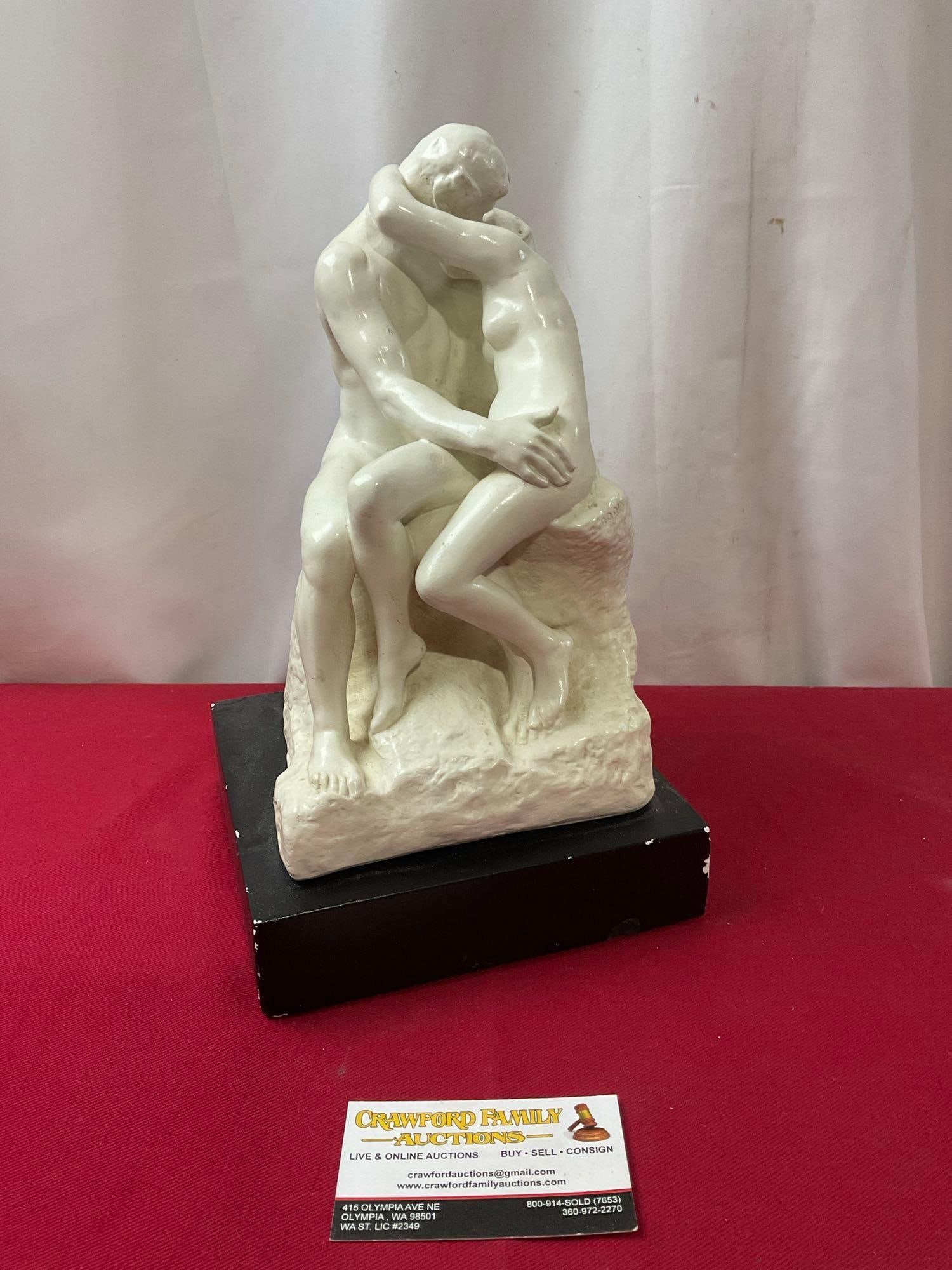 1977 White Stone Statue Reproduction of The Kiss by Auguste Rodin, By Spadin: Appears to be in good shape. The piece measures approx 12 inches tall, the base is 7 x 7 inches. See pics. E-3860