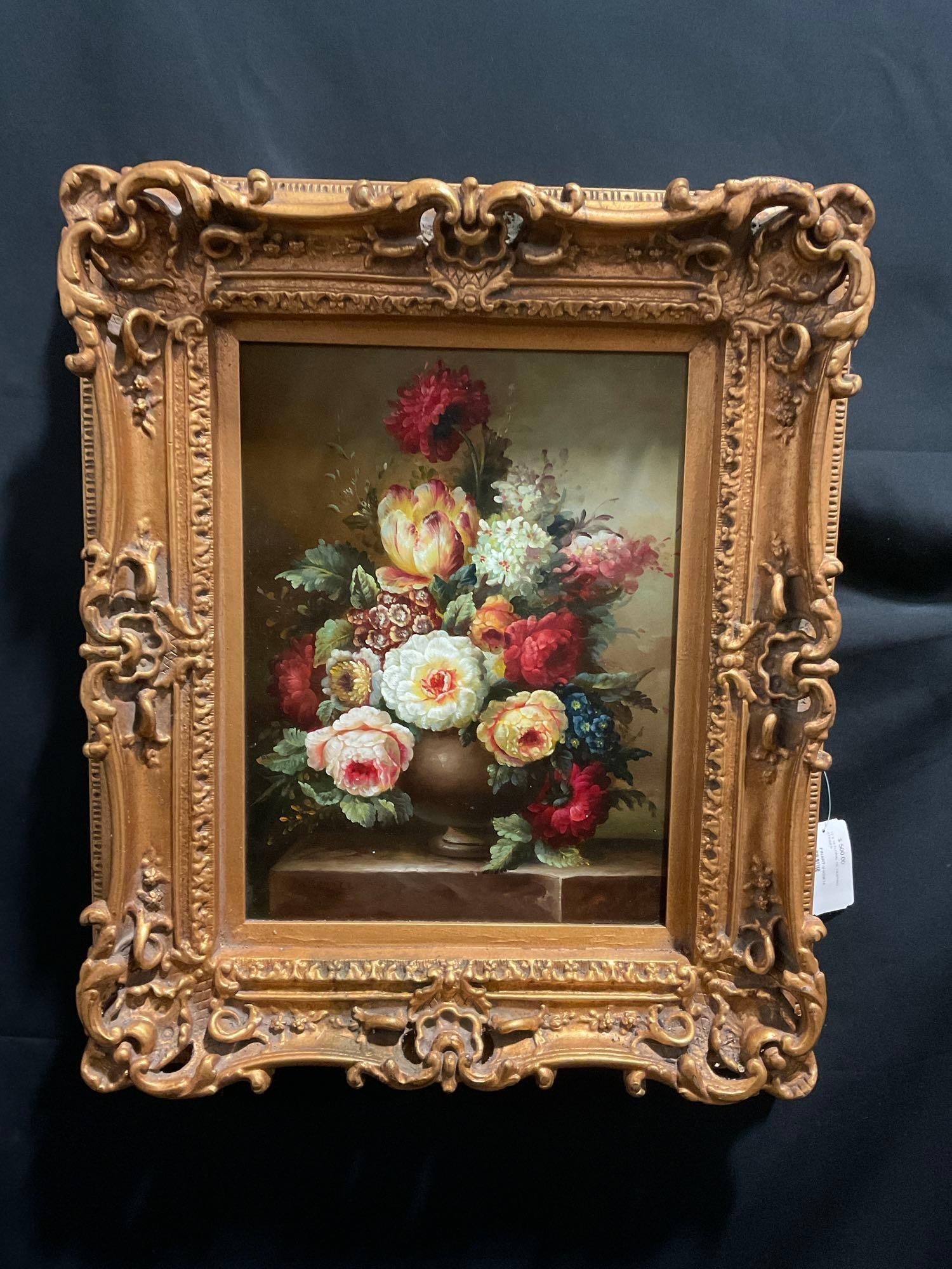 Framed Floral Oil on Canvas Painting, by artist Steiner, 24h x 19.5w inches (1 of 7)