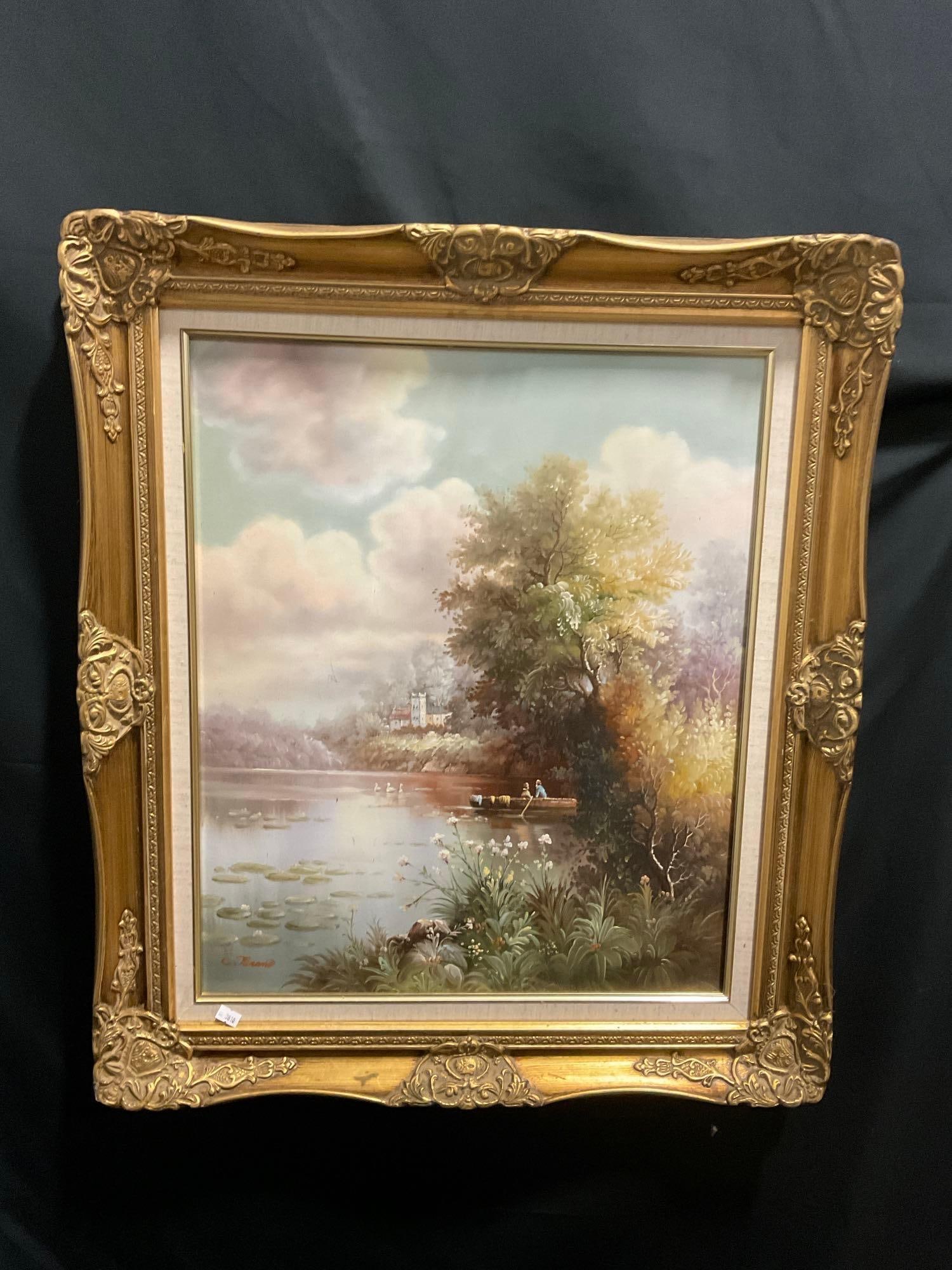 Framed Oil on Canvas Lakeside View by C. Miramo, 30.5h x 27.5w inches: Previously sold for 300 dollars. Appears to be in good shape. The outside dimensions measure approx 30.5h x 27.5w inches. See pics. E-3810