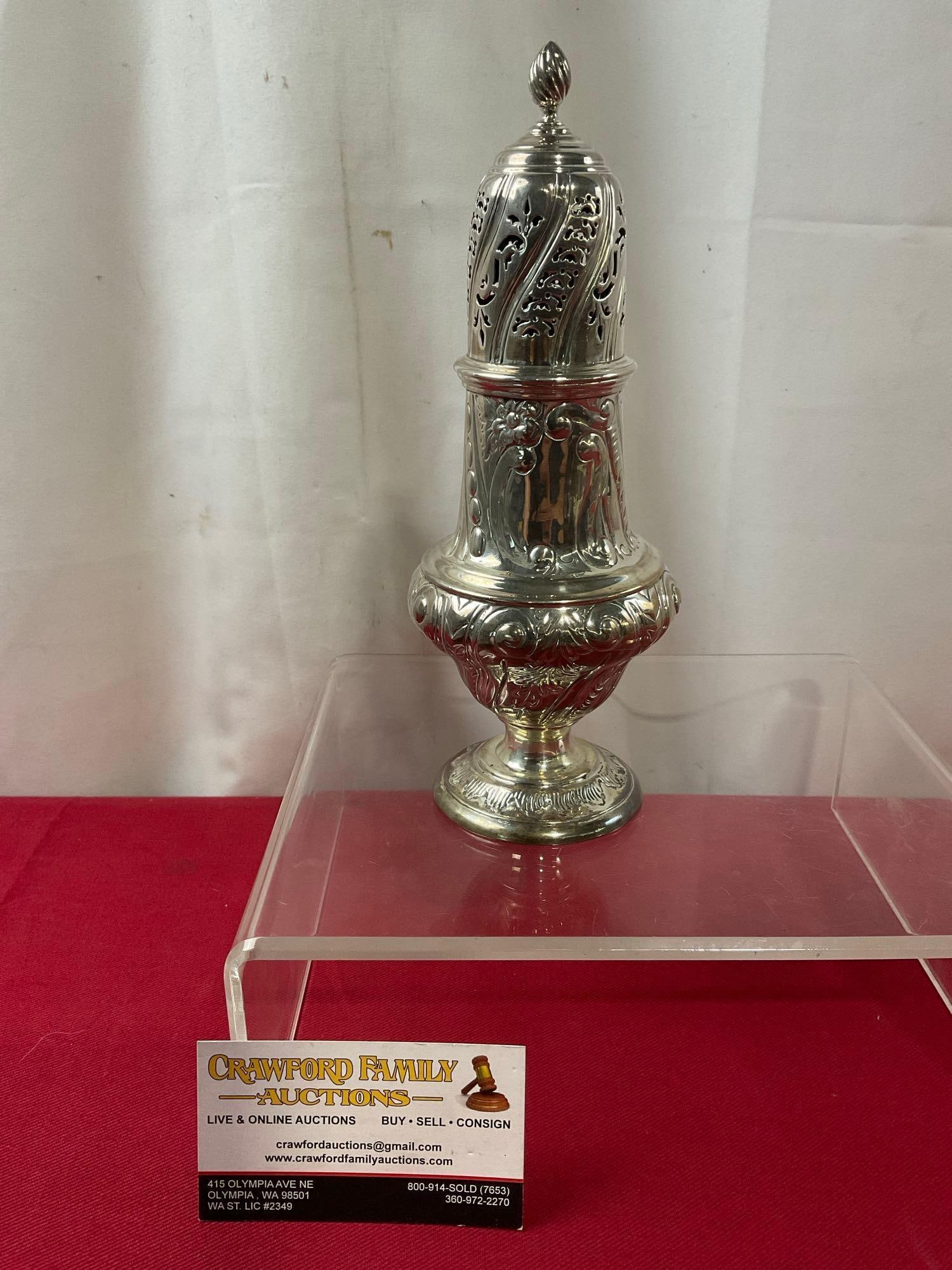 Gorgeous Antique 1880s CSH Sterling Silver Sugar Castor w/ Lid, 273.2 grams ttw, 8.75 inches tall: Has a Charles Stuart Harris mark from roughly 1878 to 1890. Appears to be in good shape. The piece measures approx 8.75 inches tall. This piece weighs approx 273.2 grams in total, est