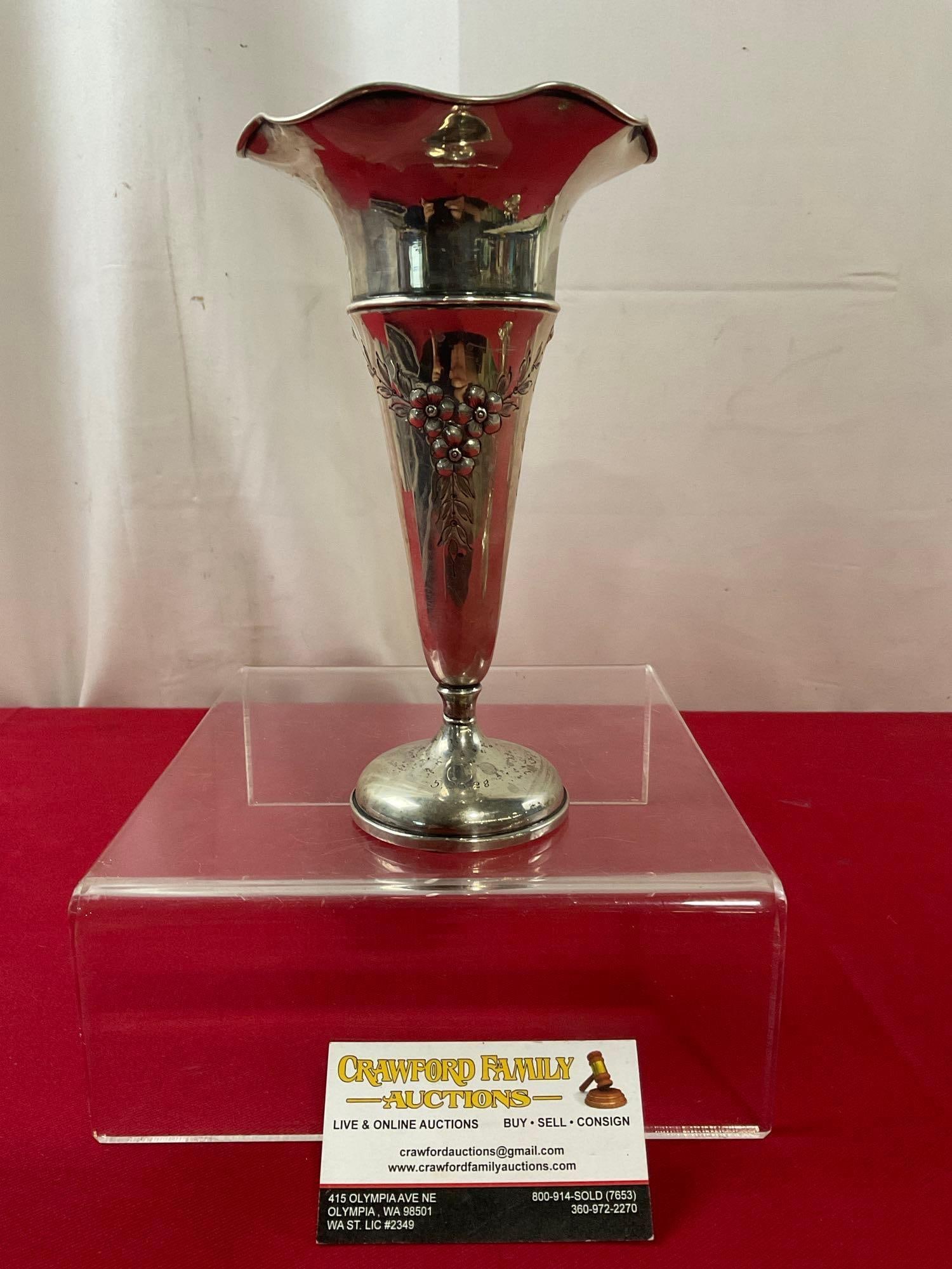 Sterling Silver Reinforced w/ Cement Repousse Vase, 8 inches tall, 273.7 grams ttw (1 of 6)