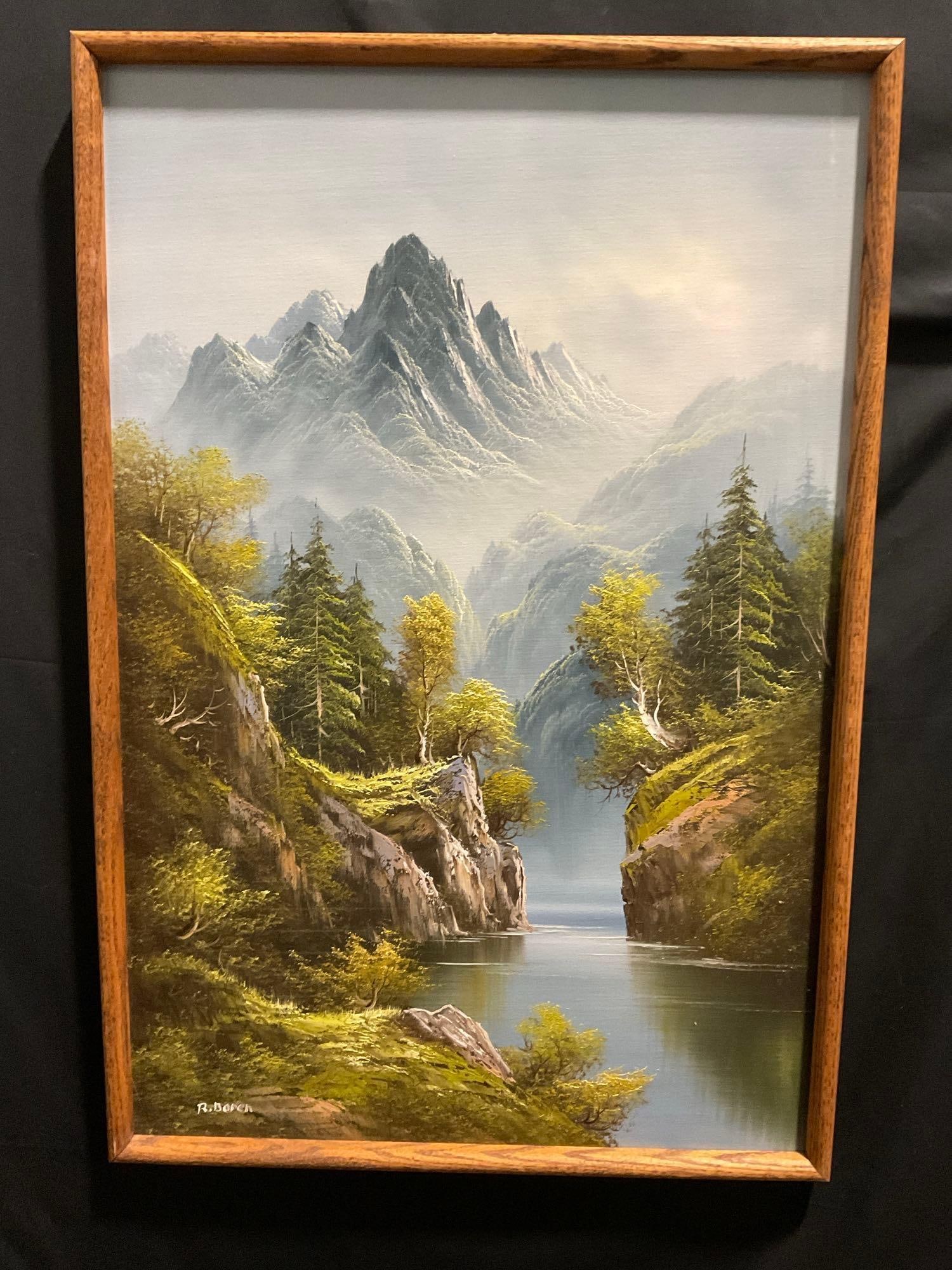 Framed Original Oil on Canvas Landscape Painting Mountain Scene by R. Boren, approx 38h x 25w inc... (1 of 7)