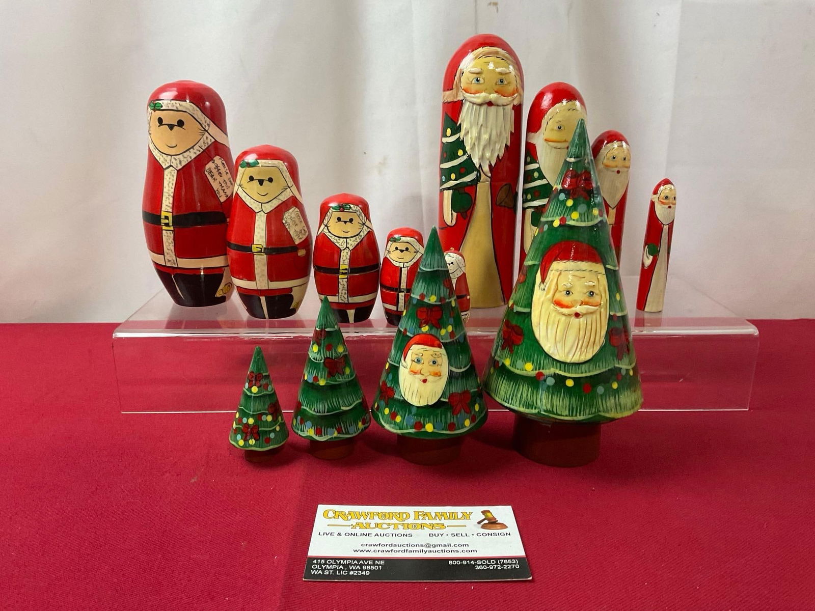 3 Sets of Nesting Dolls, set of 4 Santa, set of 5 Teddy Bear Santa & set of 4 Christmas Trees: Appears to be in good shape. The tallest piece measures approx 8 inches. See pics. E-3720