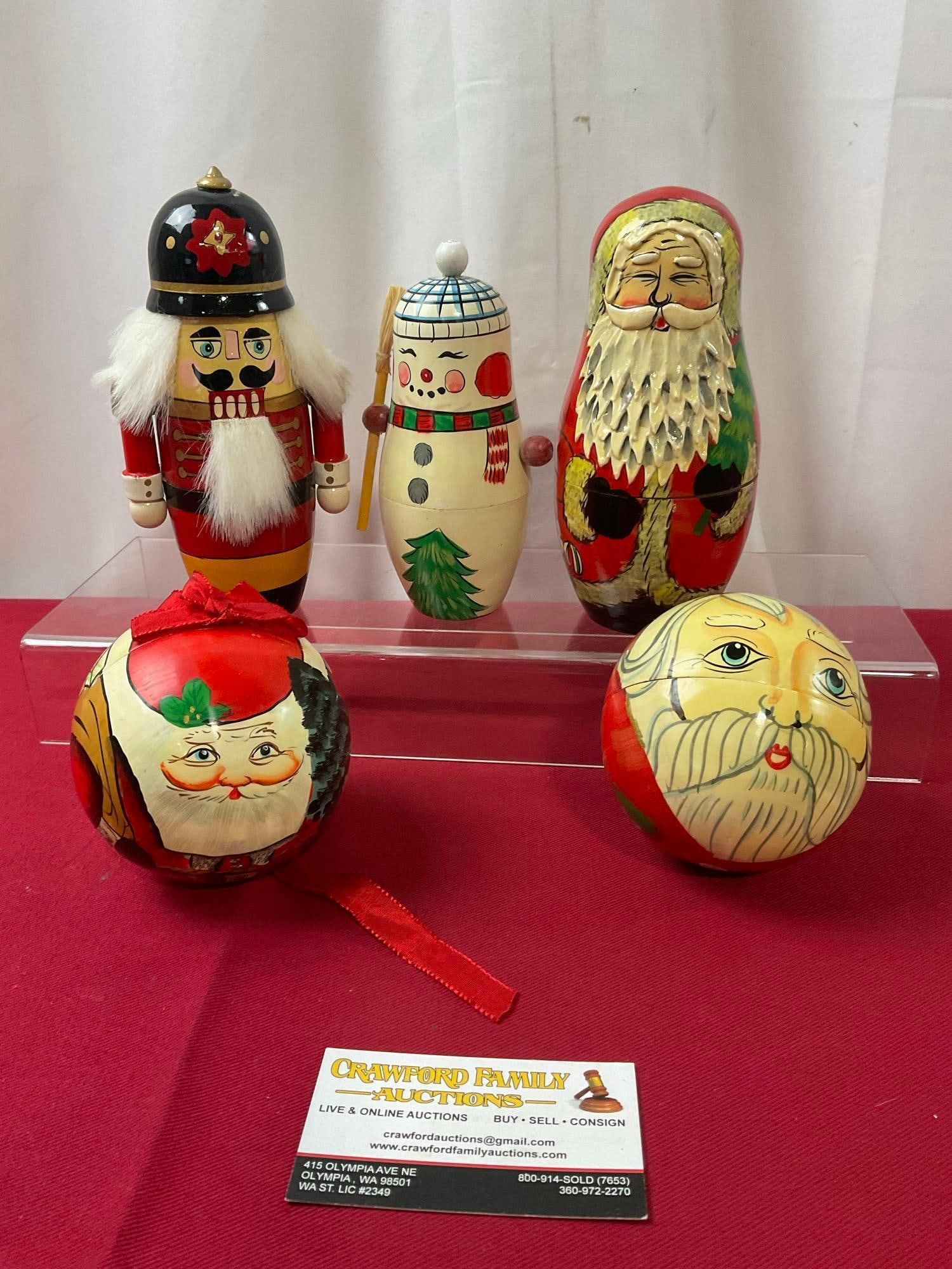 5 Christmas Handpainted Wooden Nesting Dolls, 25 pieces in total, Santas, Snowmen, & Nutcrackers (1 of 3)